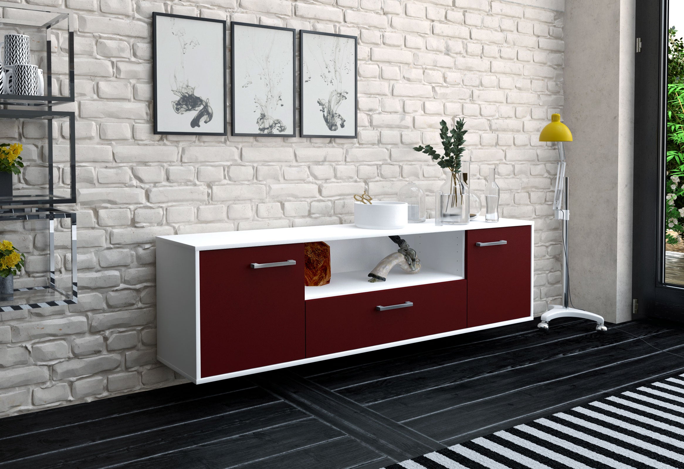Lowboard - Arbnora - Design Farbakzent - Wandmontage mit Griffe 180 cm Weiss