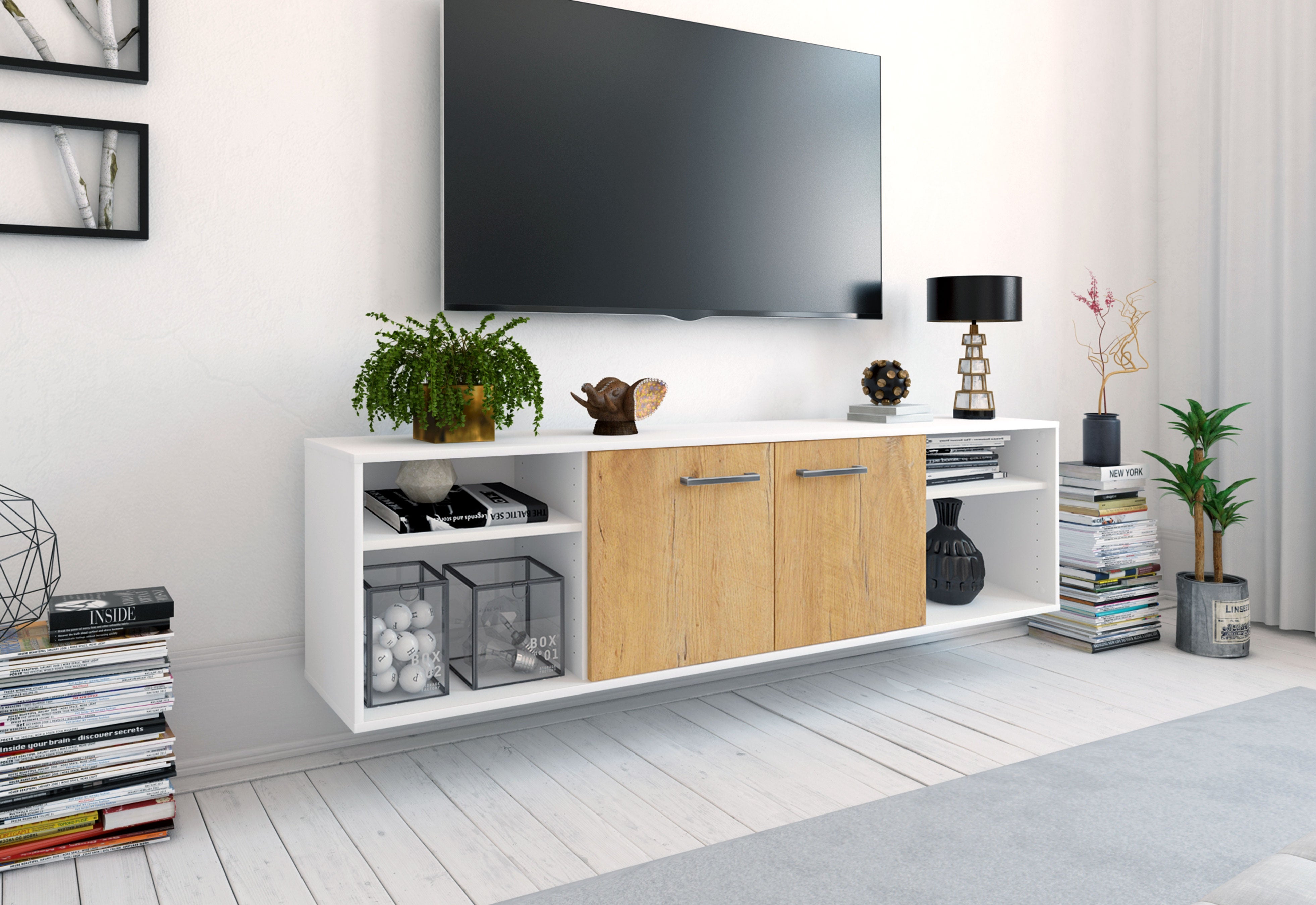 Lowboard - Asimo - Design Holzdekor - Wandmontage mit Griffe 180 cm Weiss