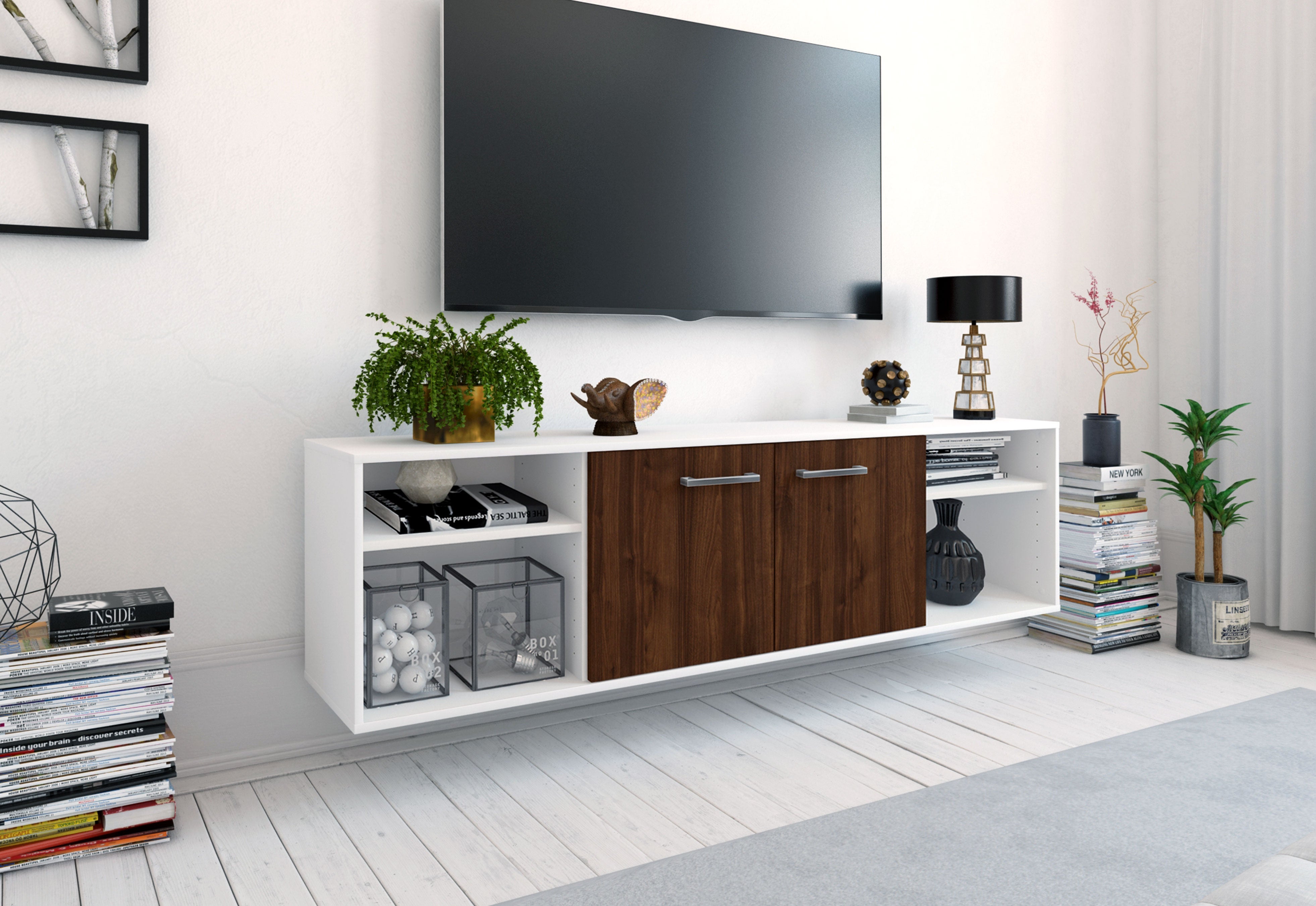 Lowboard - Asimo - Design Holzdekor - Wandmontage mit Griffe 180 cm Weiss