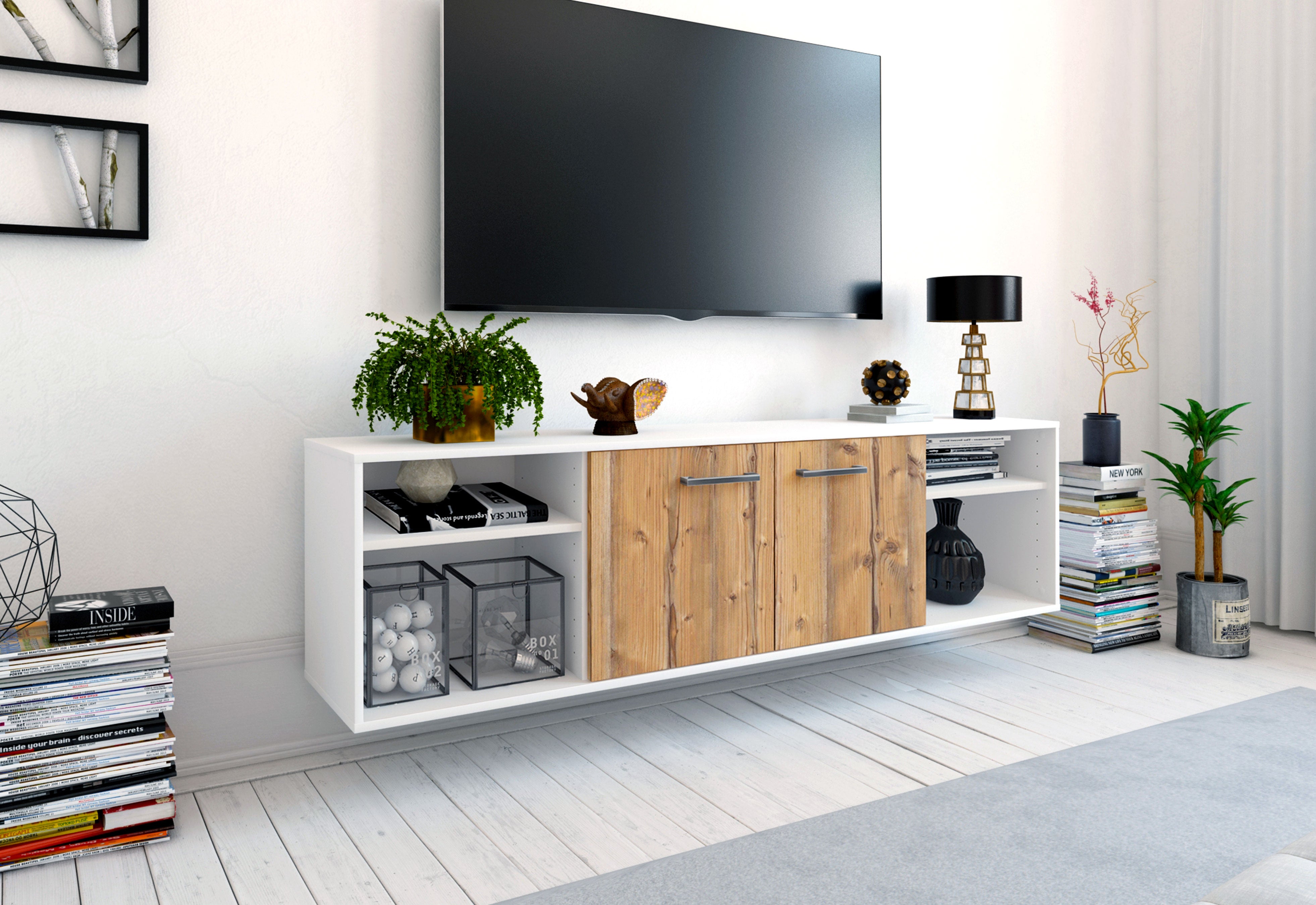 Lowboard - Asimo - Design Holzdekor - Wandmontage mit Griffe 180 cm Weiss
