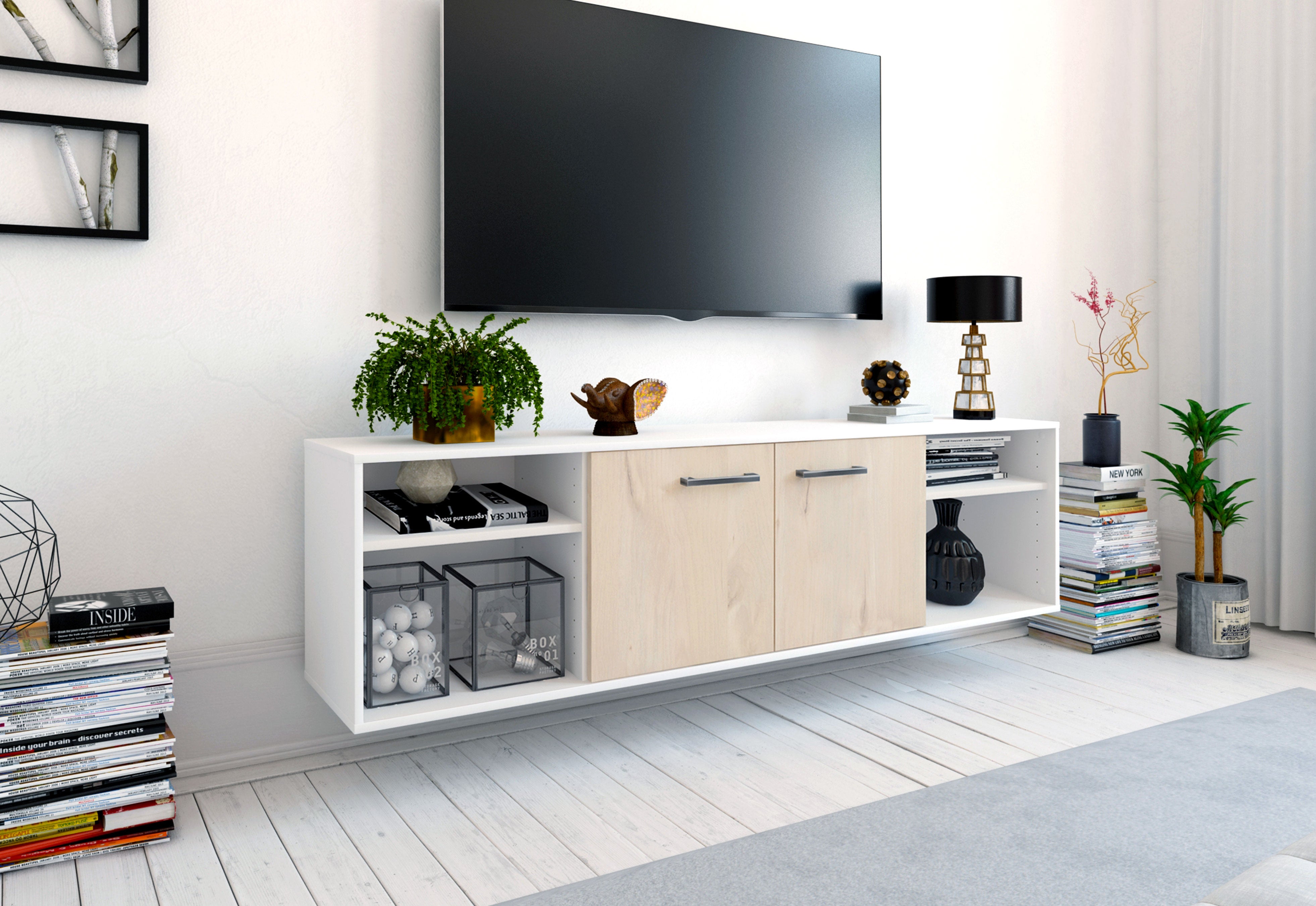 Lowboard - Asimo - Design Holzdekor - Wandmontage mit Griffe 180 cm Weiss