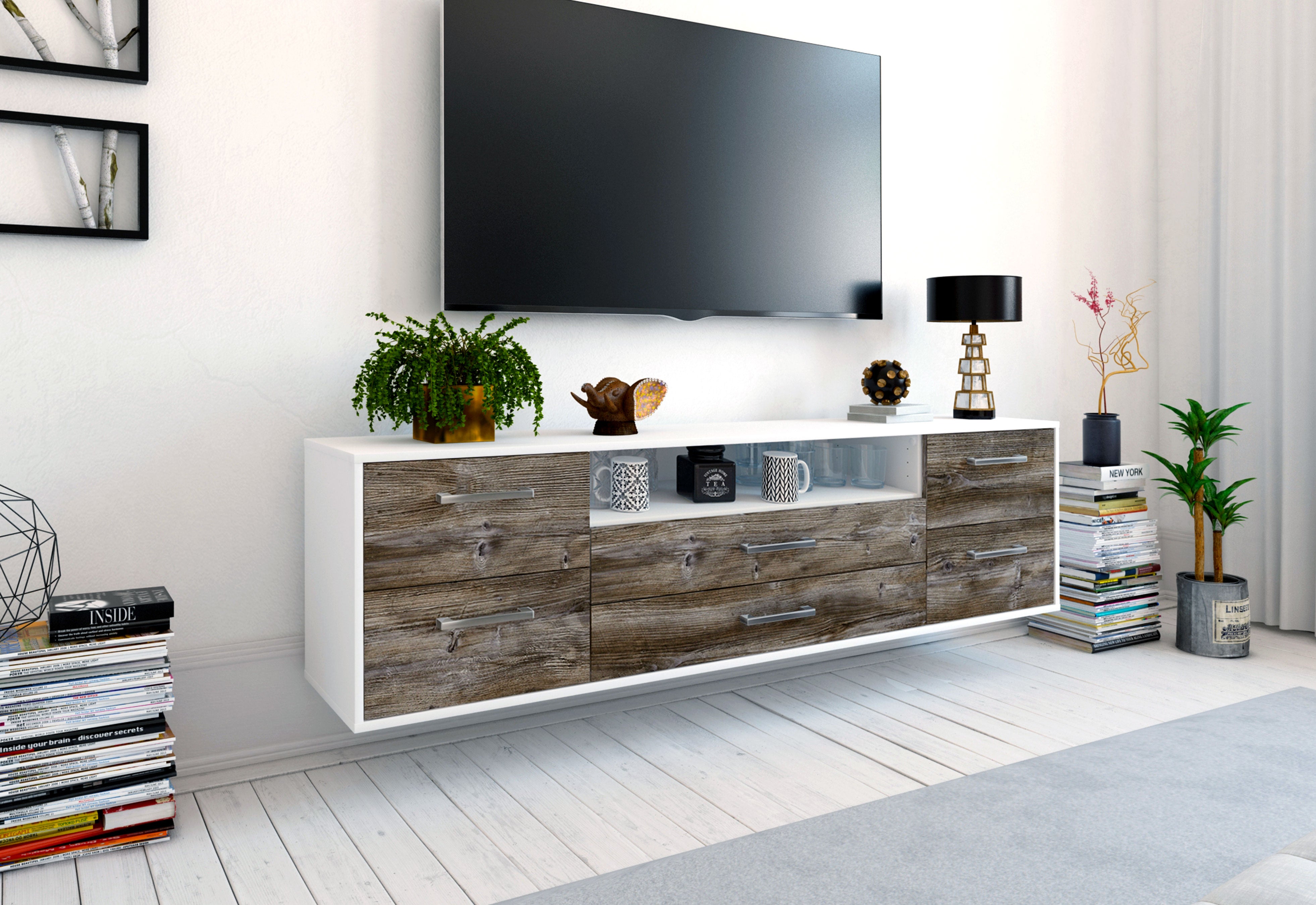 Lowboard - Aurora - Design Holzdekor - Wandmontage mit Griffe 180 cm Weiss