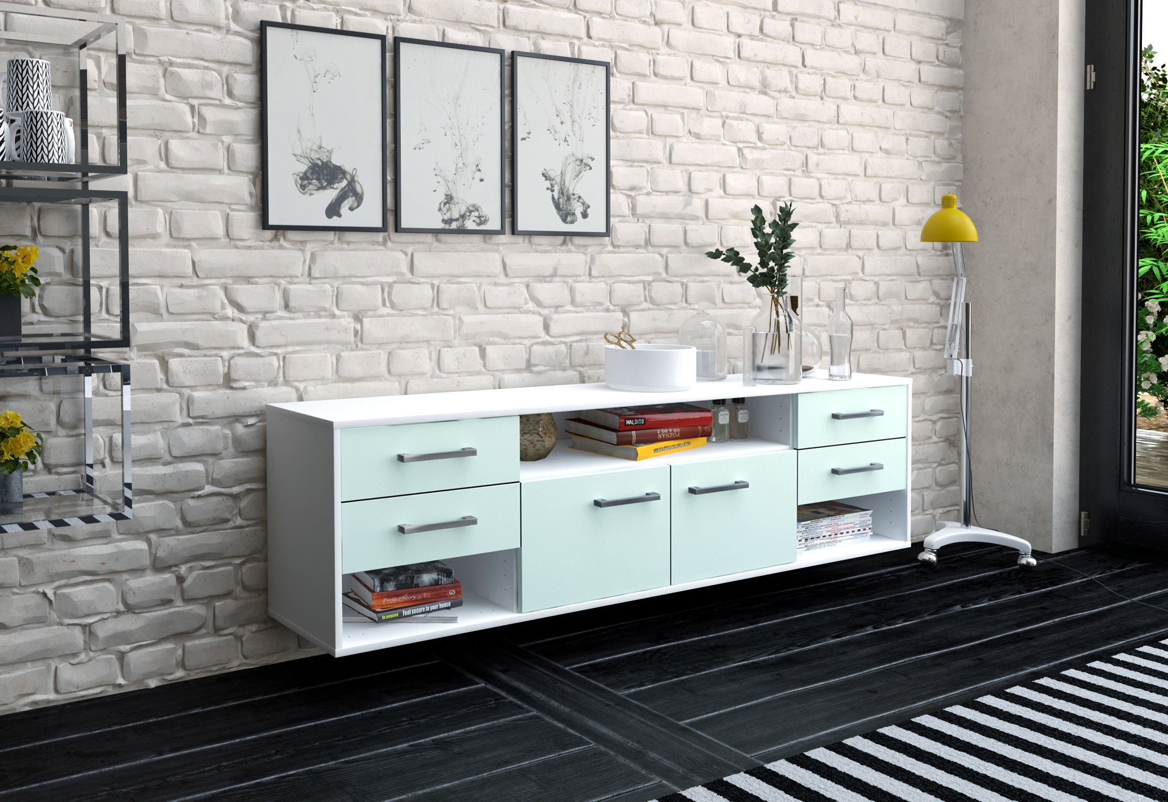 Lowboard - Barbara - Design Farbakzent - Wandmontage mit Griffe 180 cm Weiss