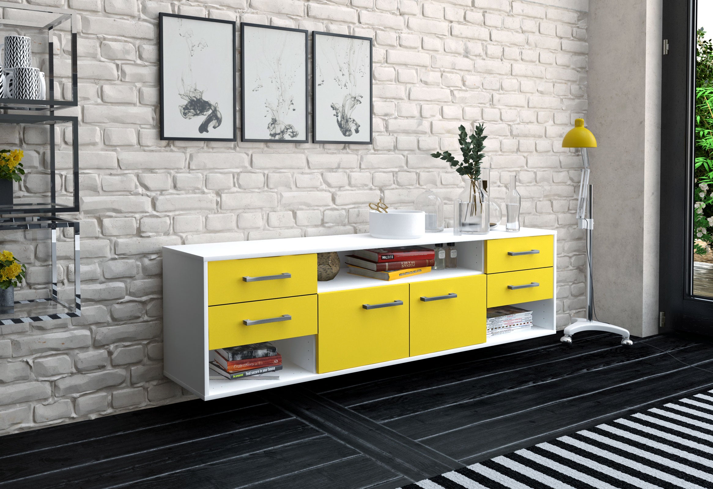 Lowboard - Barbara - Design Farbakzent - Wandmontage mit Griffe 180 cm Weiss