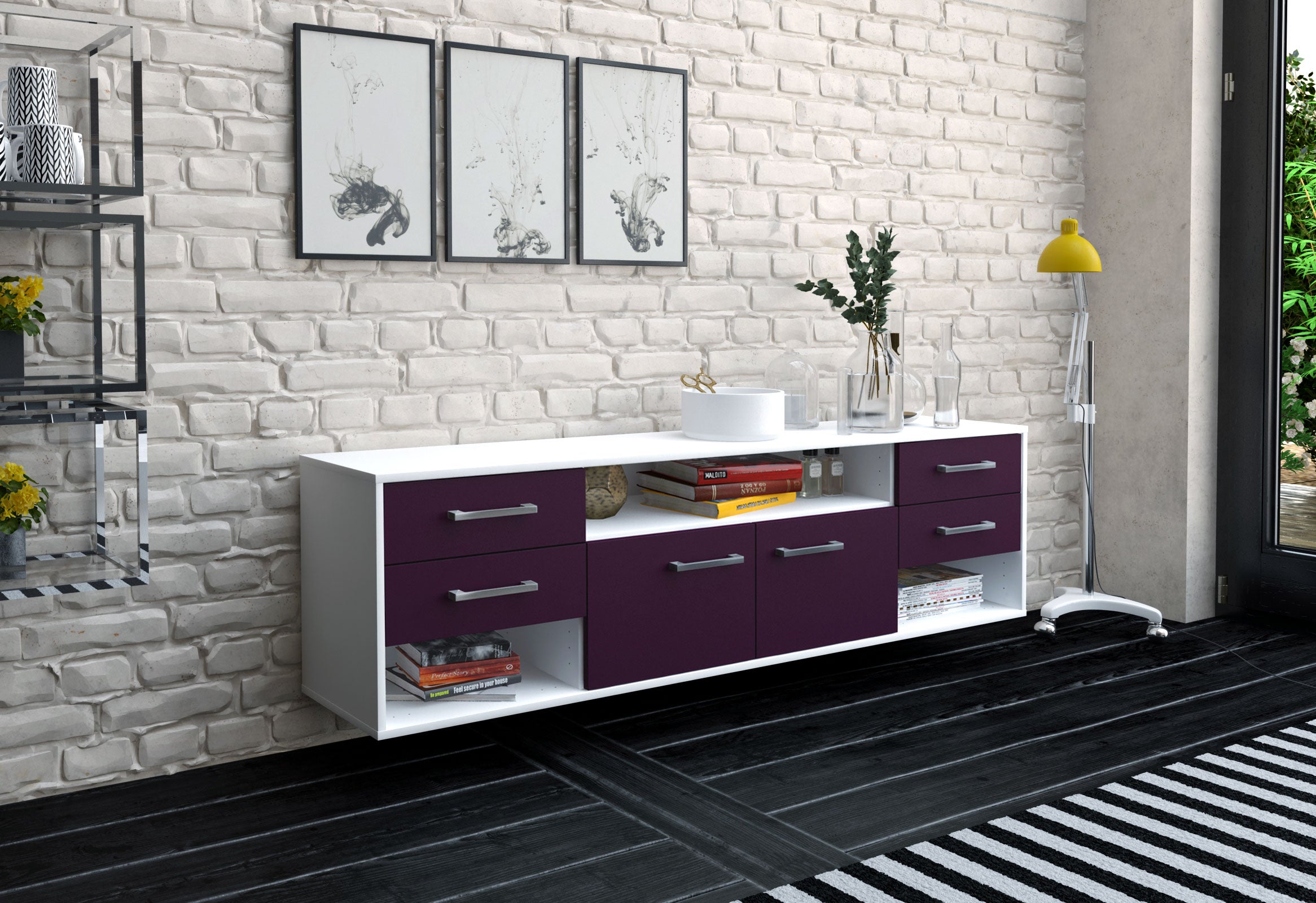 Lowboard - Barbara - Design Farbakzent - Wandmontage mit Griffe 180 cm Weiss