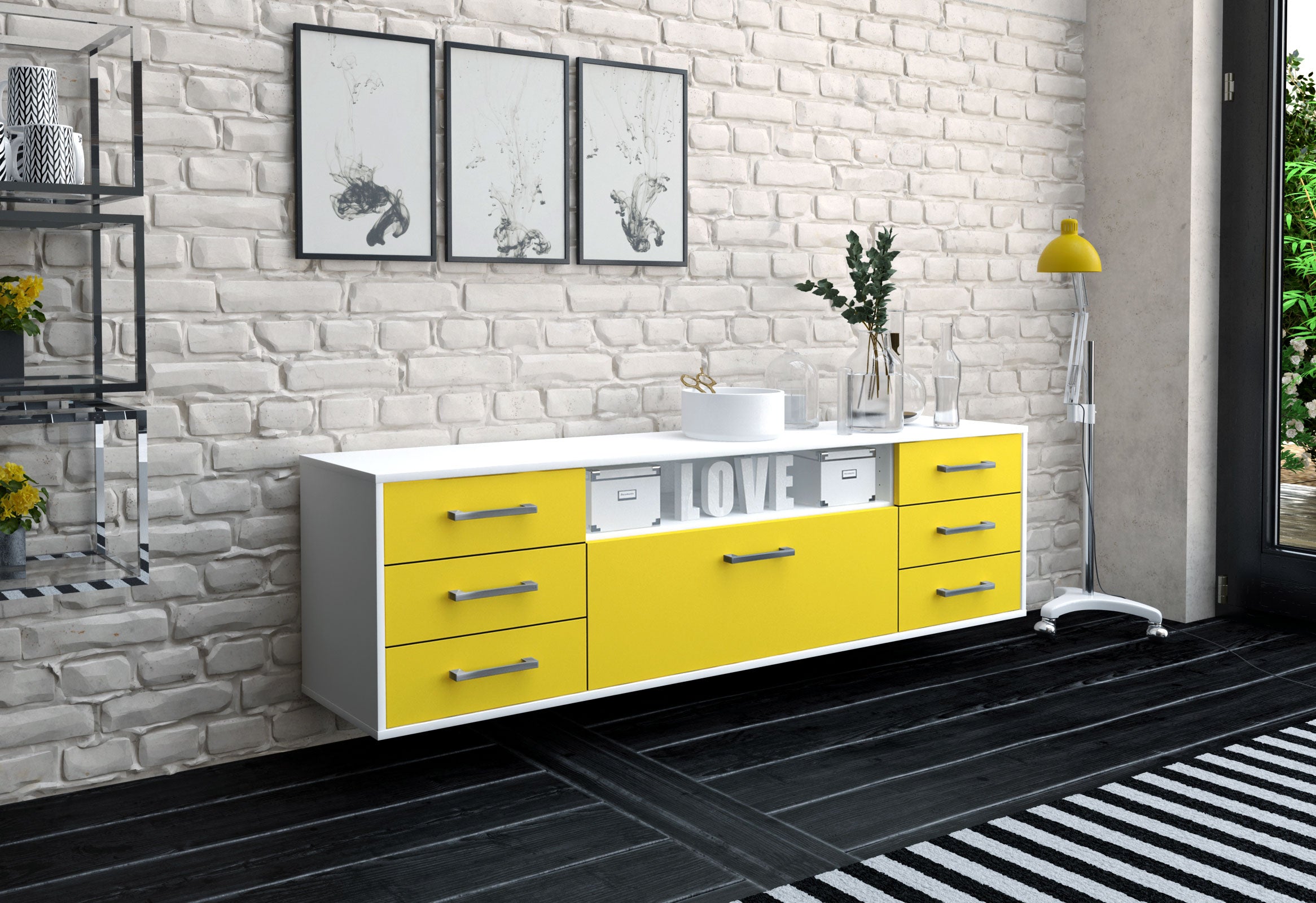 Lowboard - Beatrice - Design Farbakzent - Wandmontage mit Griffe 180 cm Weiss