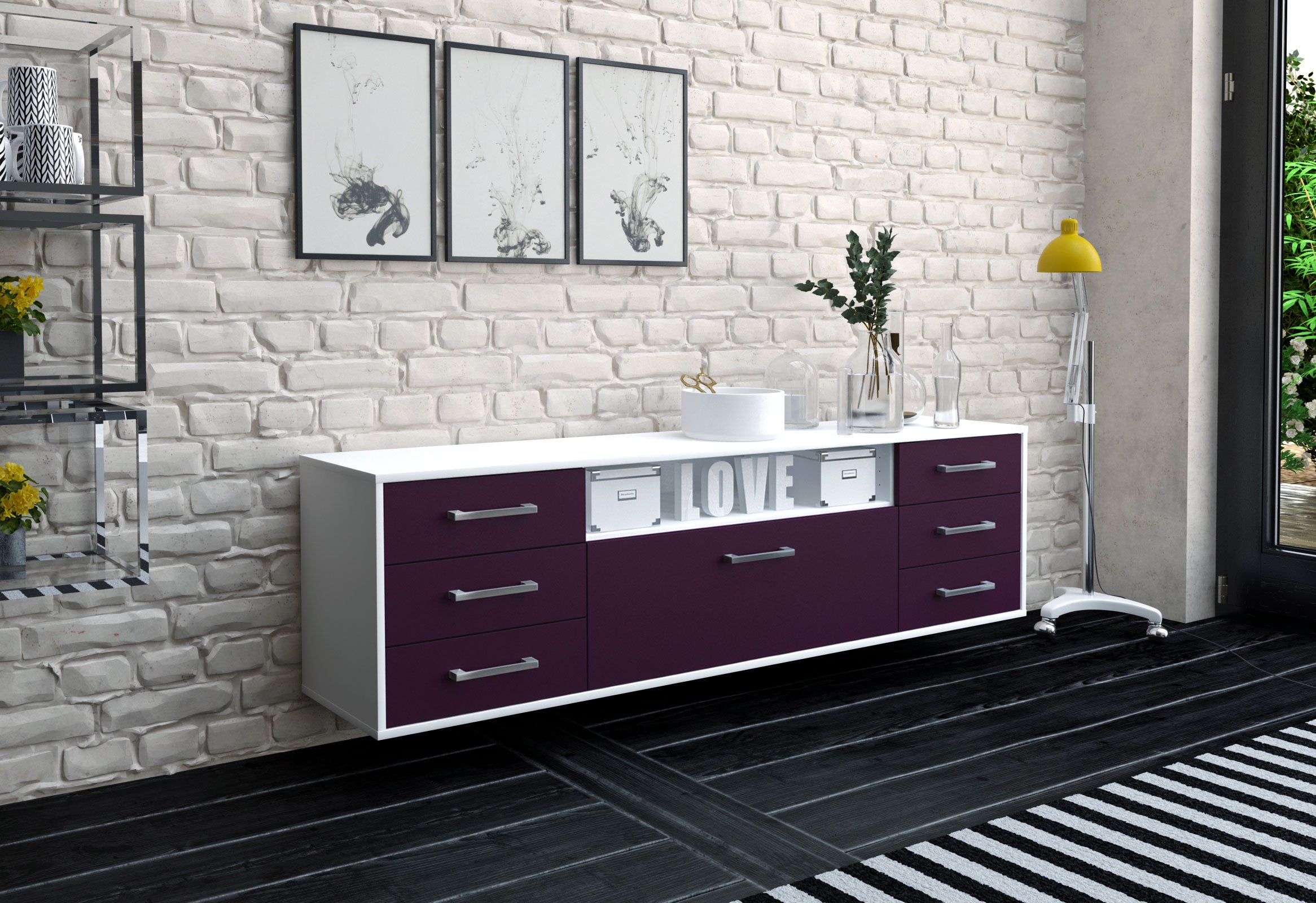 Lowboard - Beatrice - Design Farbakzent - Wandmontage mit Griffe 180 cm Weiss