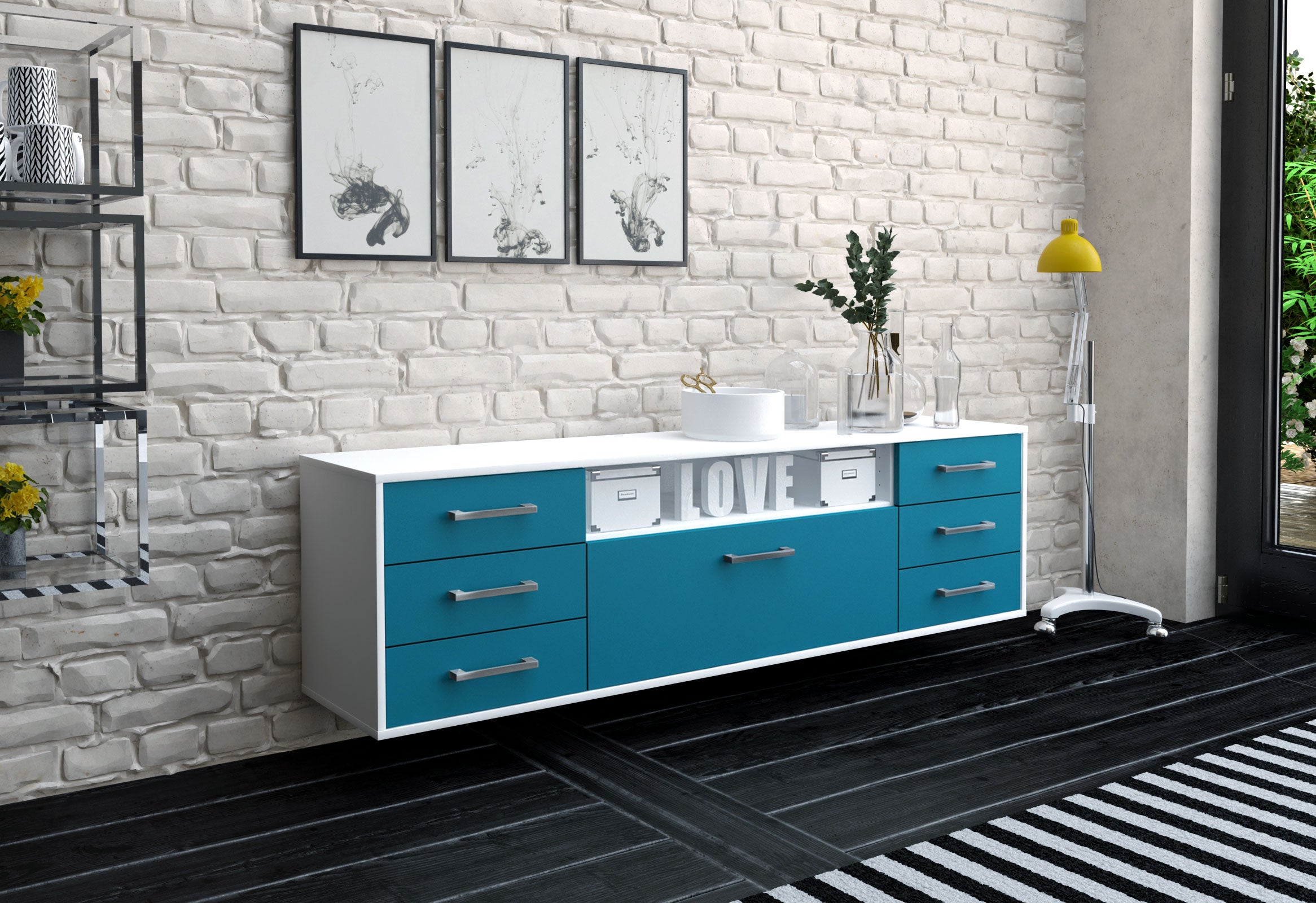 Lowboard - Beatrice - Design Farbakzent - Wandmontage mit Griffe 180 cm Weiss