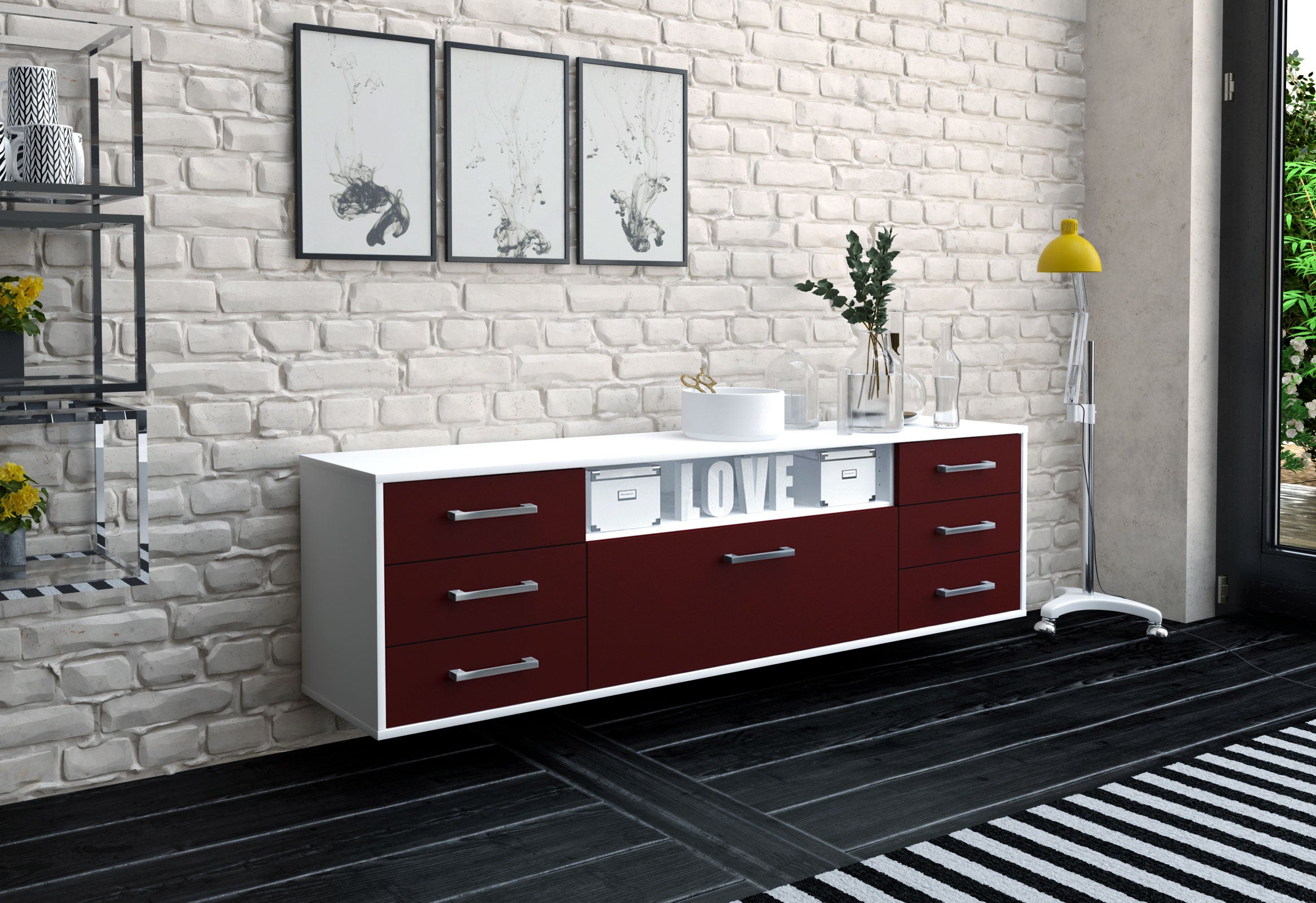 Lowboard - Beatrice - Design Farbakzent - Wandmontage mit Griffe 180 cm Weiss
