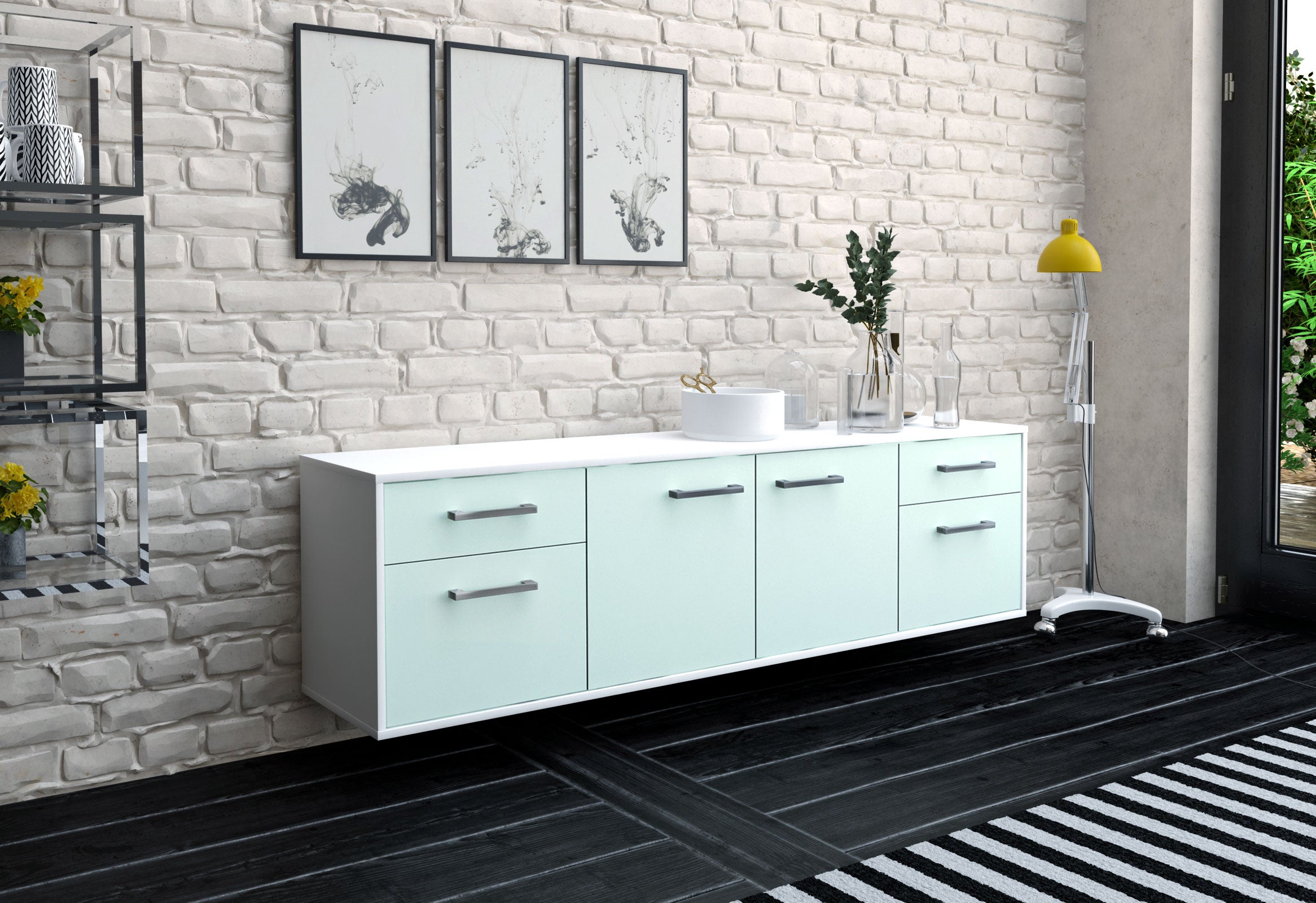 Lowboard - Benedetta - Design Farbakzent - Wandmontage mit Griffe 180 cm Weiss