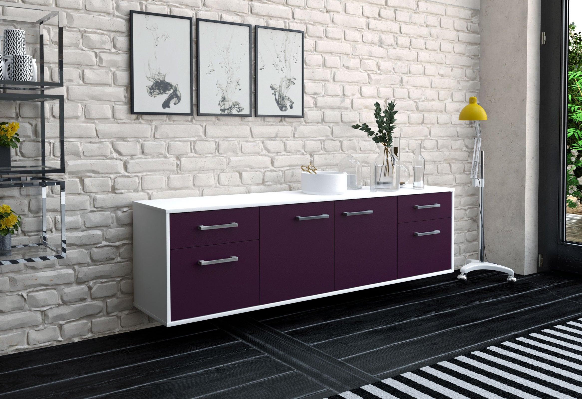 Lowboard - Benedetta - Design Farbakzent - Wandmontage mit Griffe 180 cm Weiss