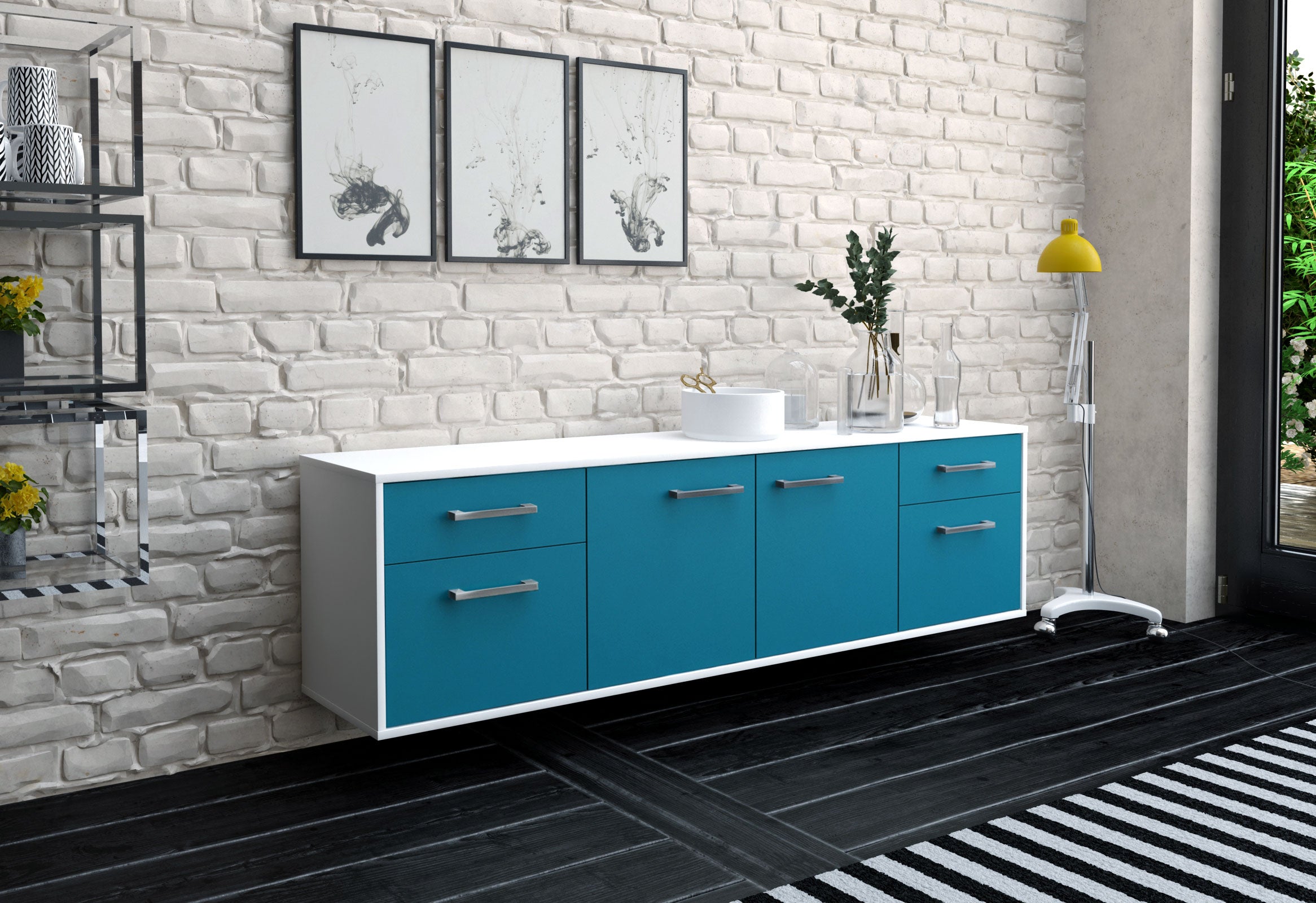Lowboard - Benedetta - Design Farbakzent - Wandmontage mit Griffe 180 cm Weiss