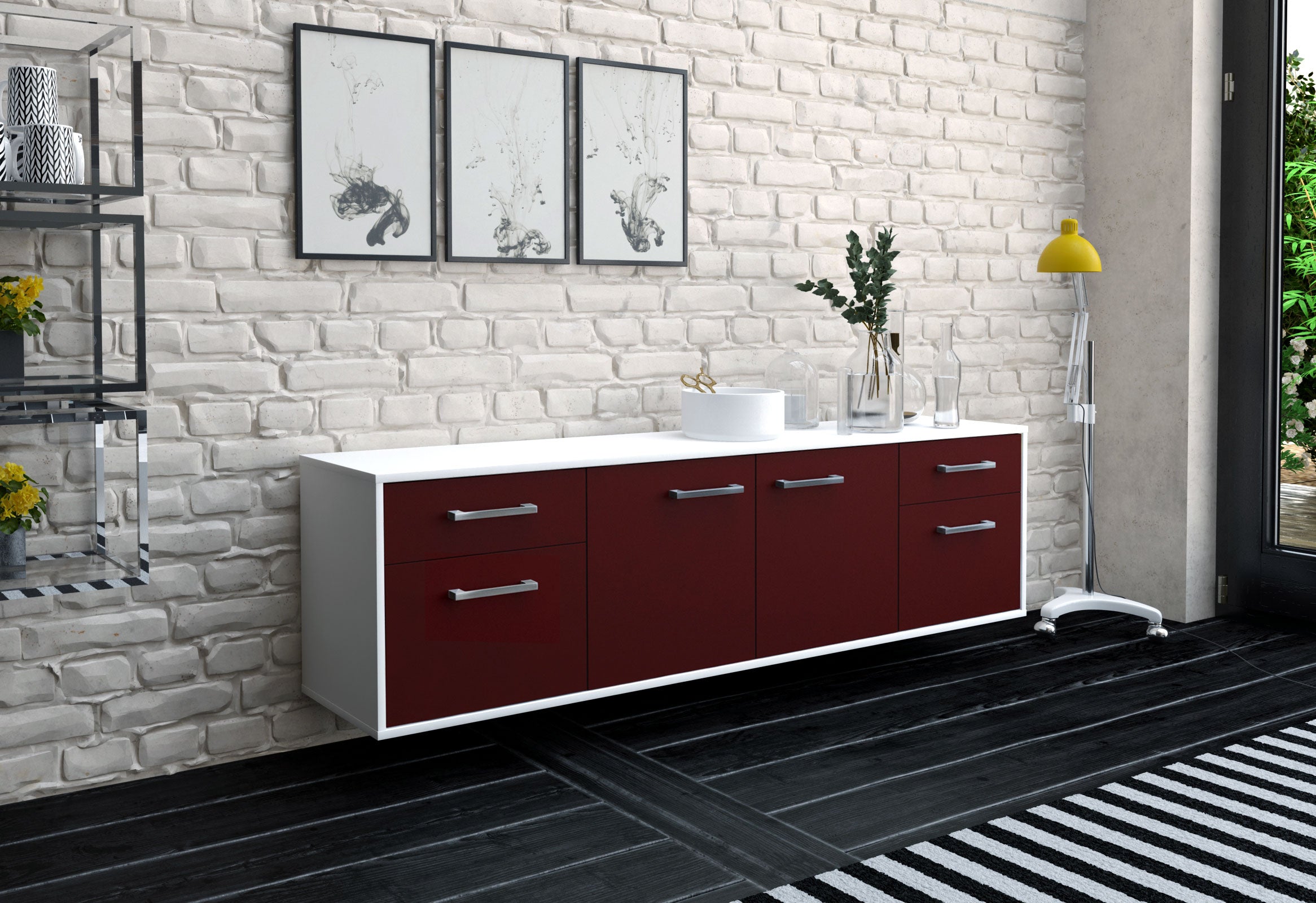 Lowboard - Benedetta - Design Farbakzent - Wandmontage mit Griffe 180 cm Weiss