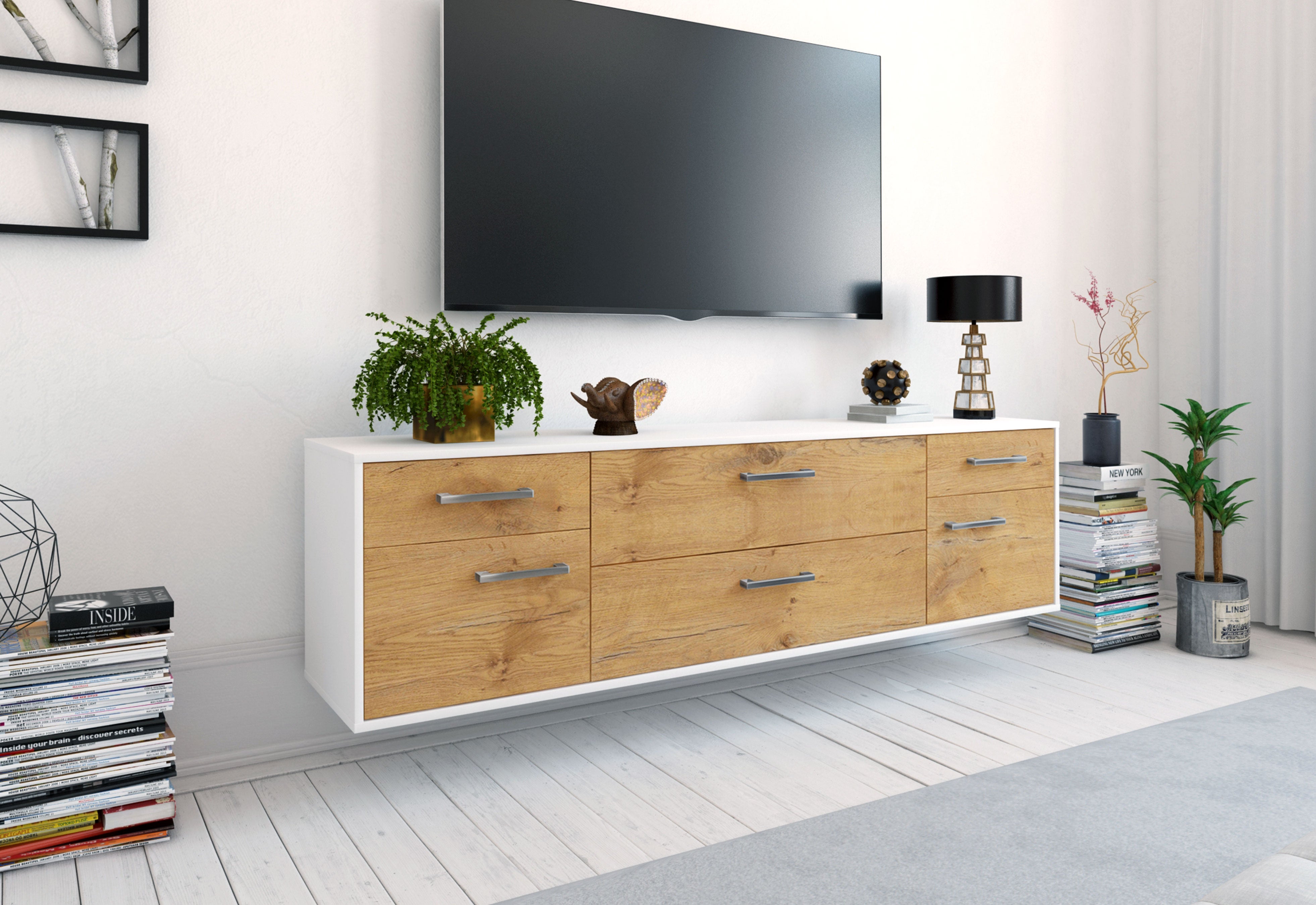 Lowboard - Bibiane - Design Holzdekor - Wandmontage mit Griffe 180 cm Weiss