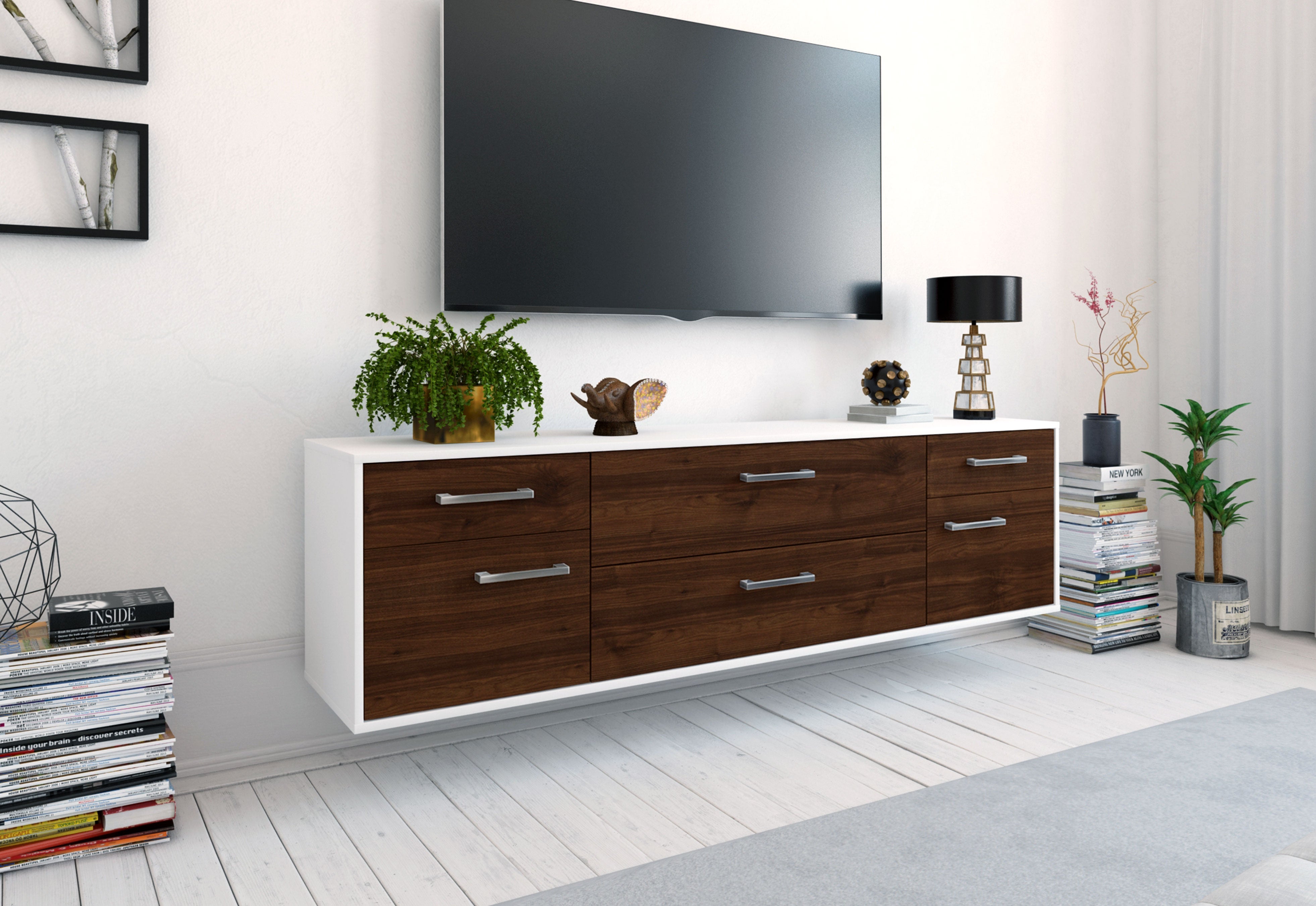 Lowboard - Bibiane - Design Holzdekor - Wandmontage mit Griffe 180 cm Weiss