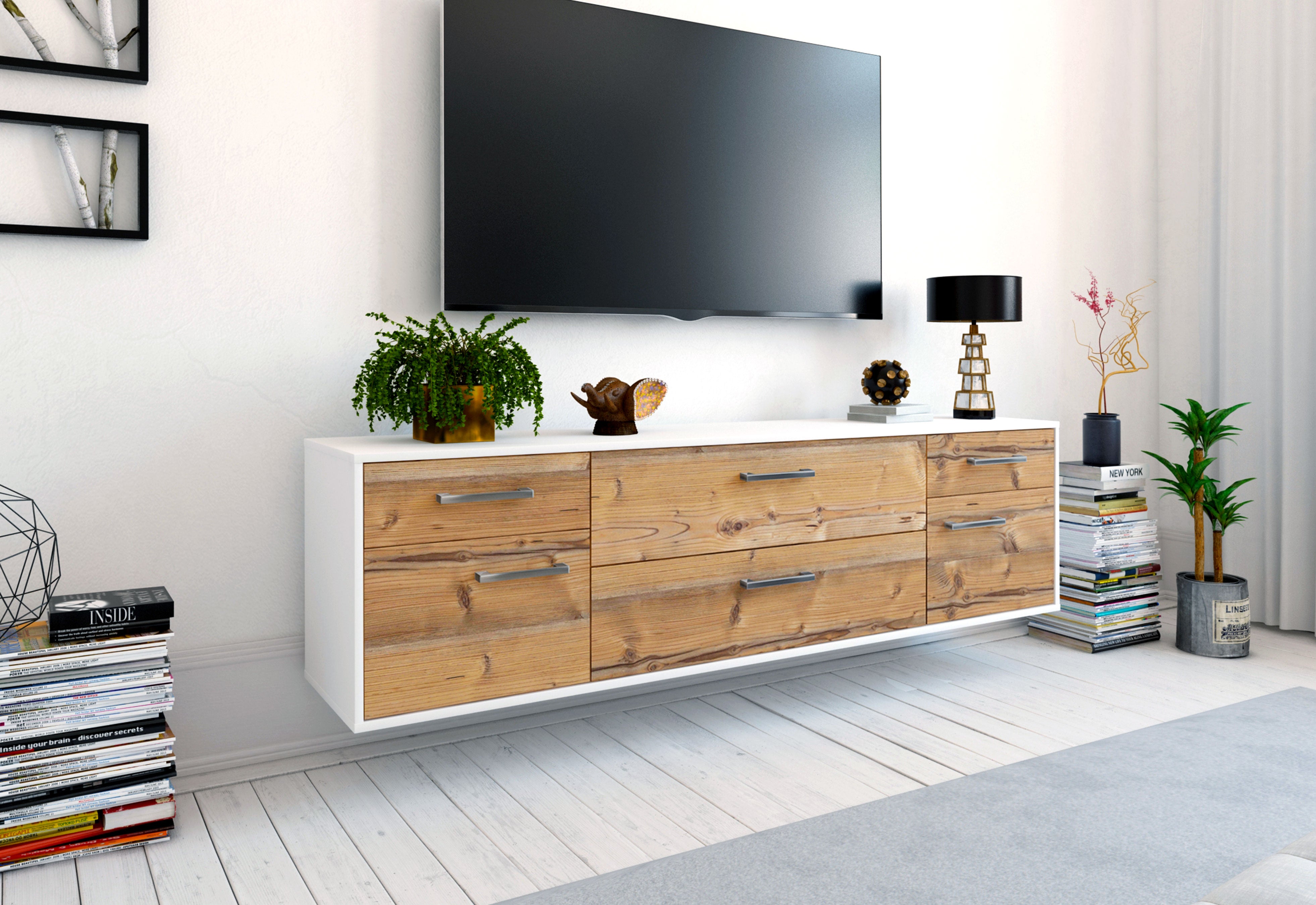 Lowboard - Bibiane - Design Holzdekor - Wandmontage mit Griffe 180 cm Weiss