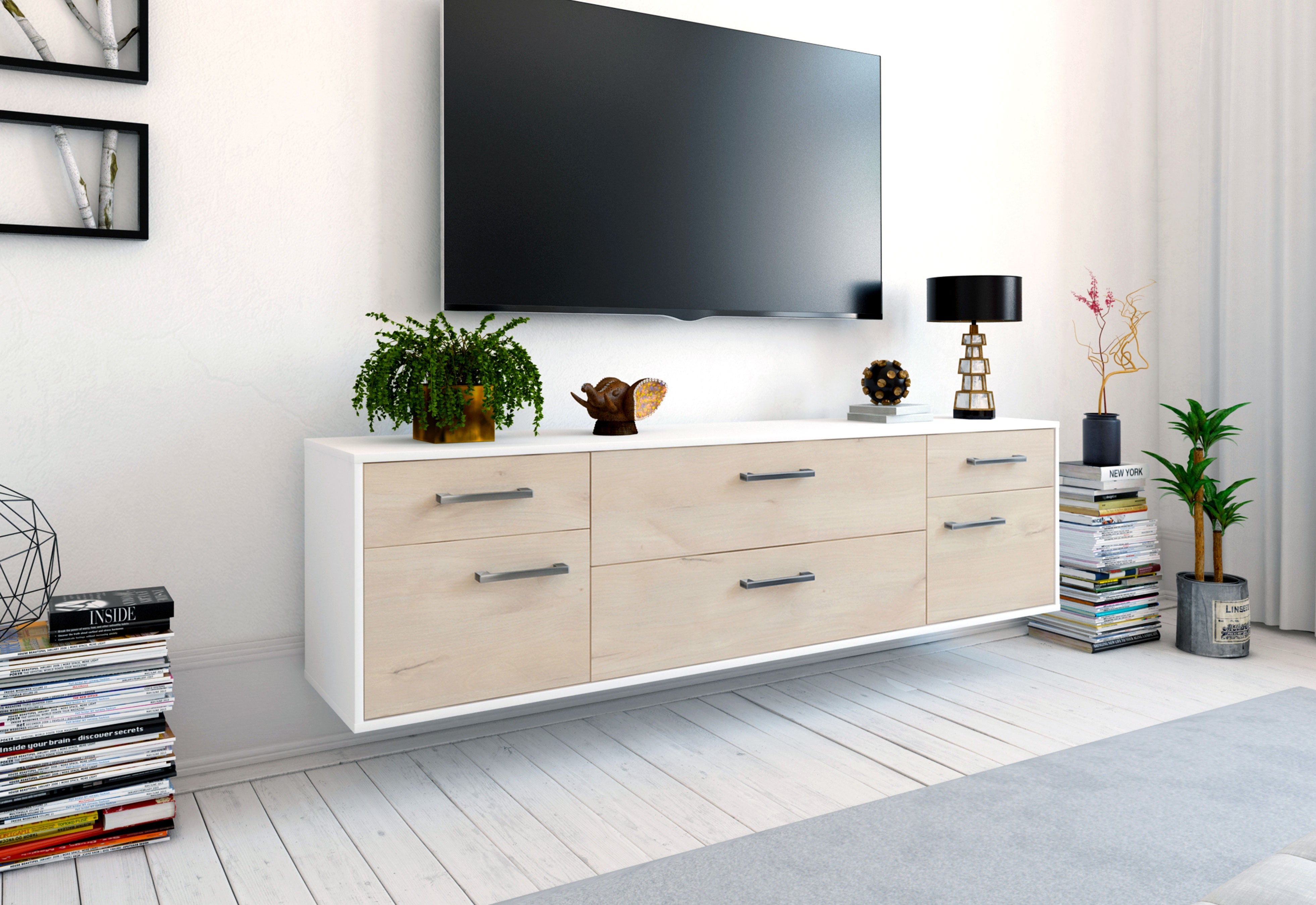 Lowboard - Bibiane - Design Holzdekor - Wandmontage mit Griffe 180 cm Weiss