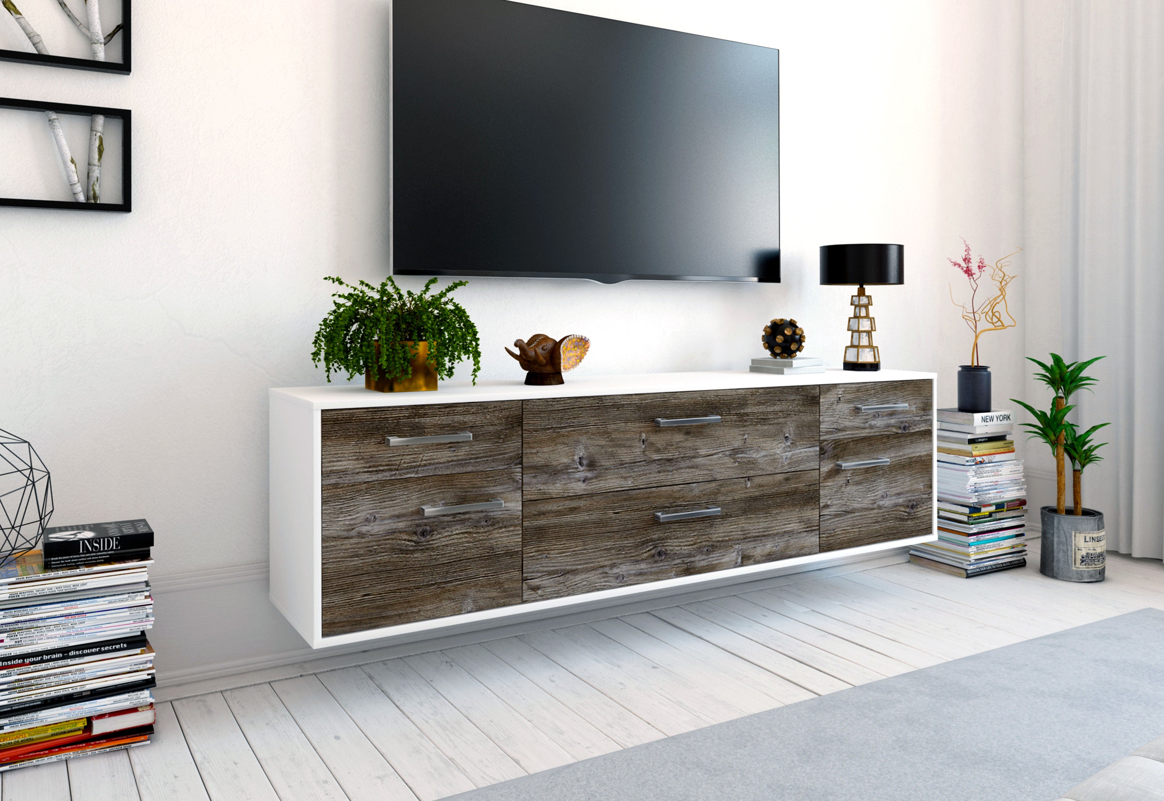 Lowboard - Bibiane - Design Holzdekor - Wandmontage mit Griffe 180 cm Weiss