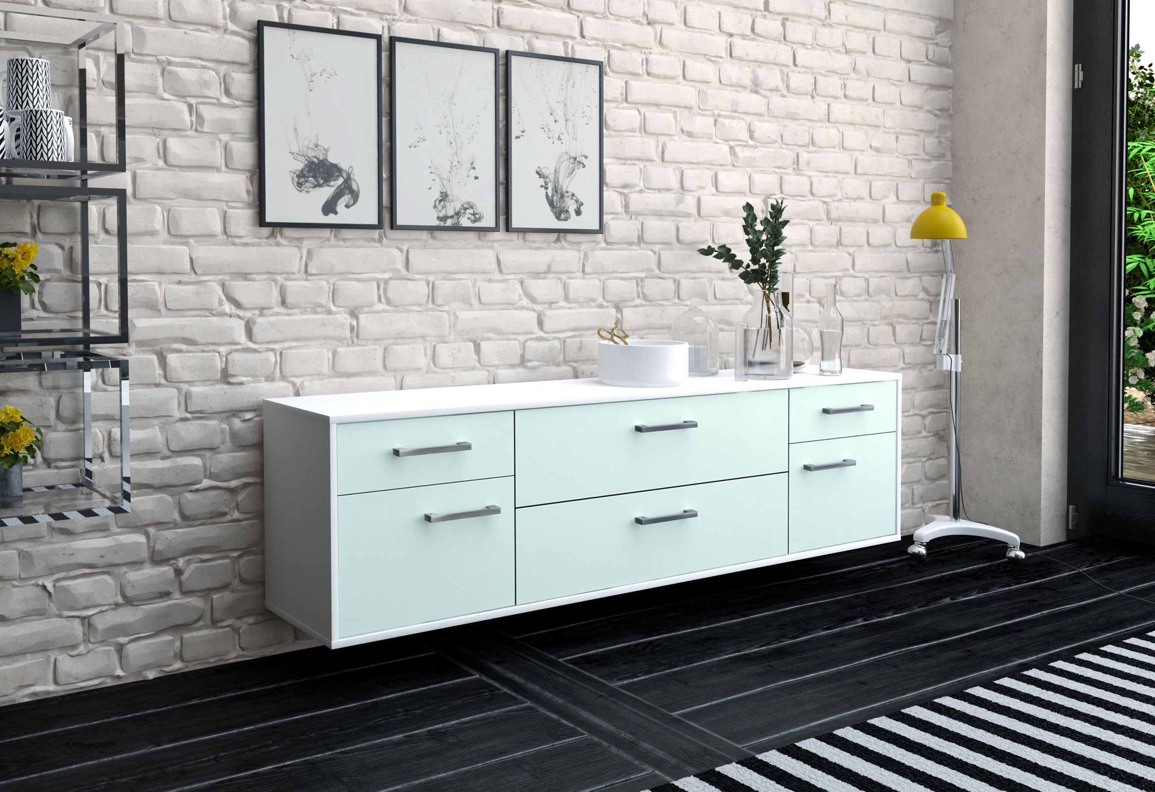Lowboard - Bibiane - Design Farbakzent - Wandmontage mit Griffe 180 cm Weiss