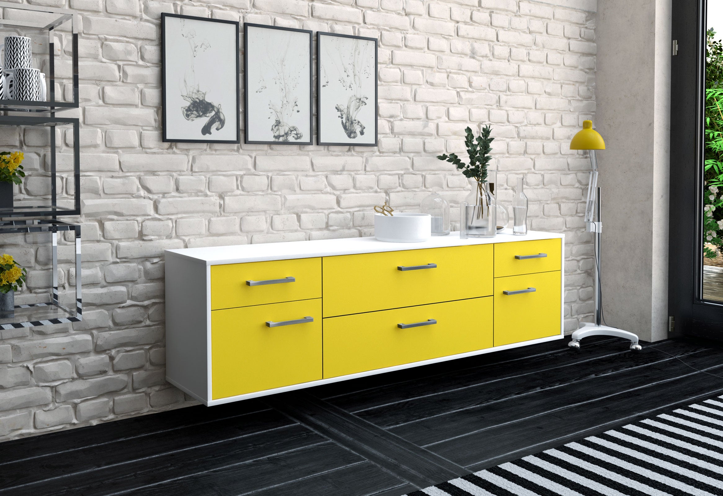 Lowboard - Bibiane - Design Farbakzent - Wandmontage mit Griffe 180 cm Weiss