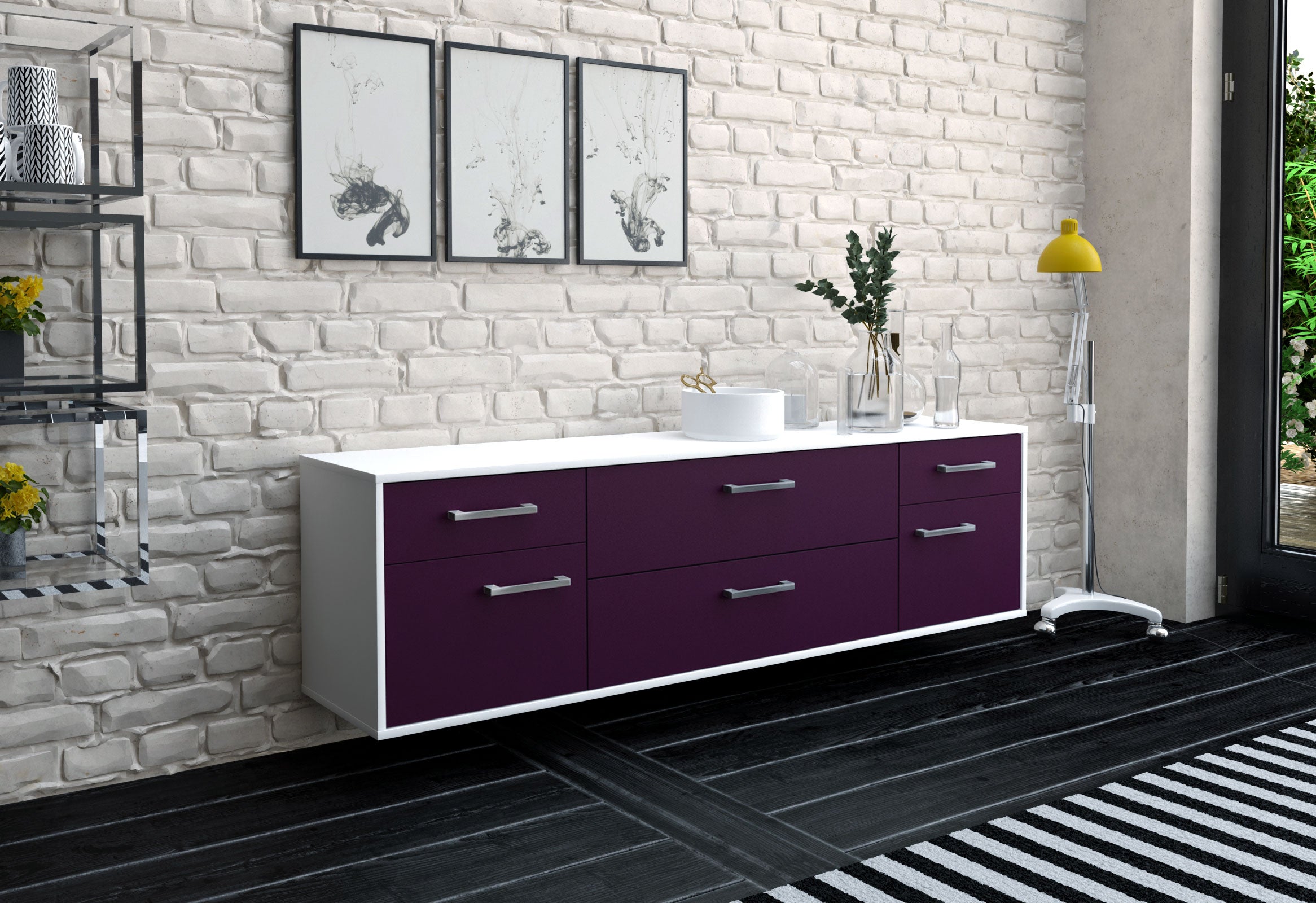 Lowboard - Bibiane - Design Farbakzent - Wandmontage mit Griffe 180 cm Weiss