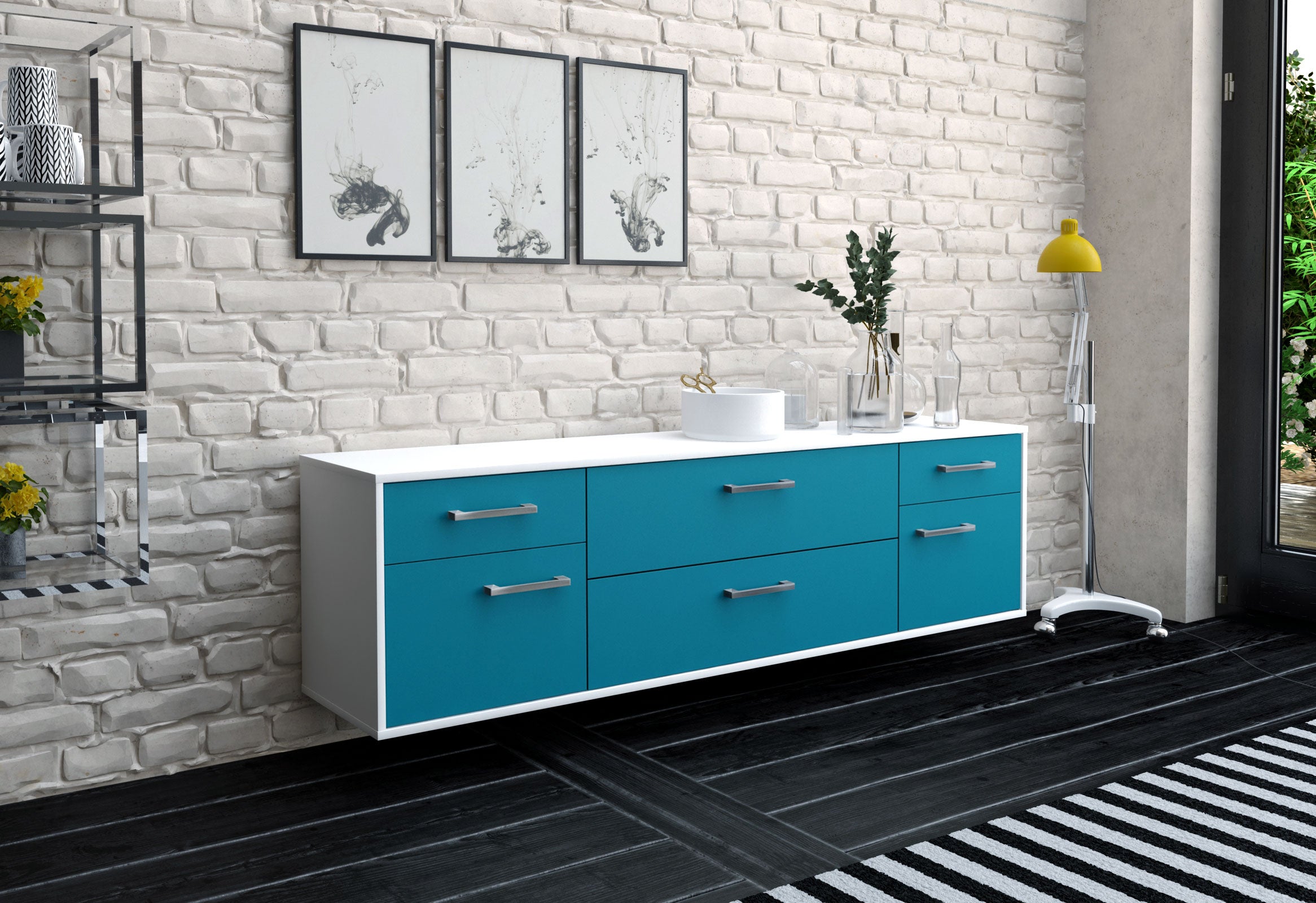 Lowboard - Bibiane - Design Farbakzent - Wandmontage mit Griffe 180 cm Weiss