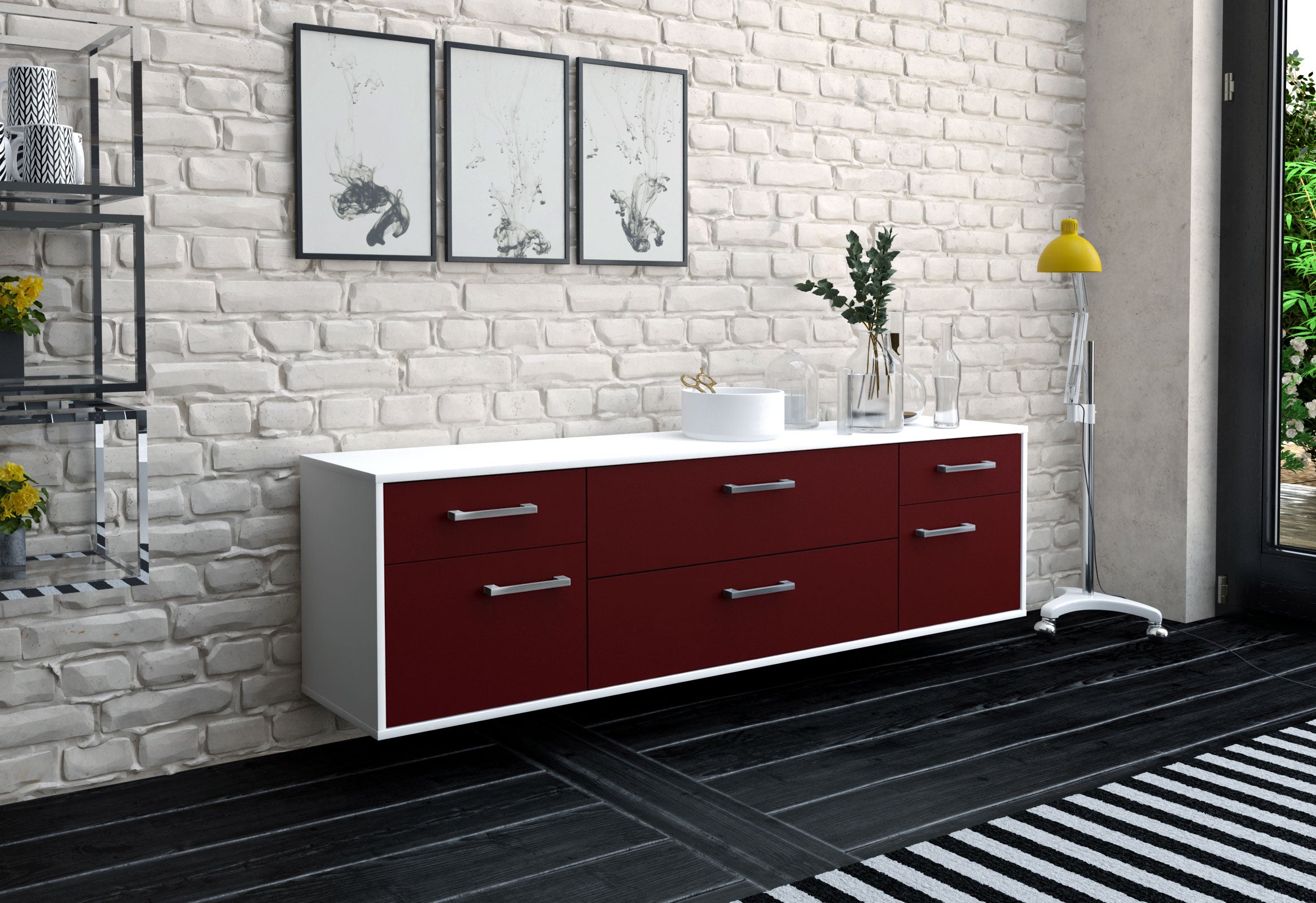 Lowboard - Bibiane - Design Farbakzent - Wandmontage mit Griffe 180 cm Weiss