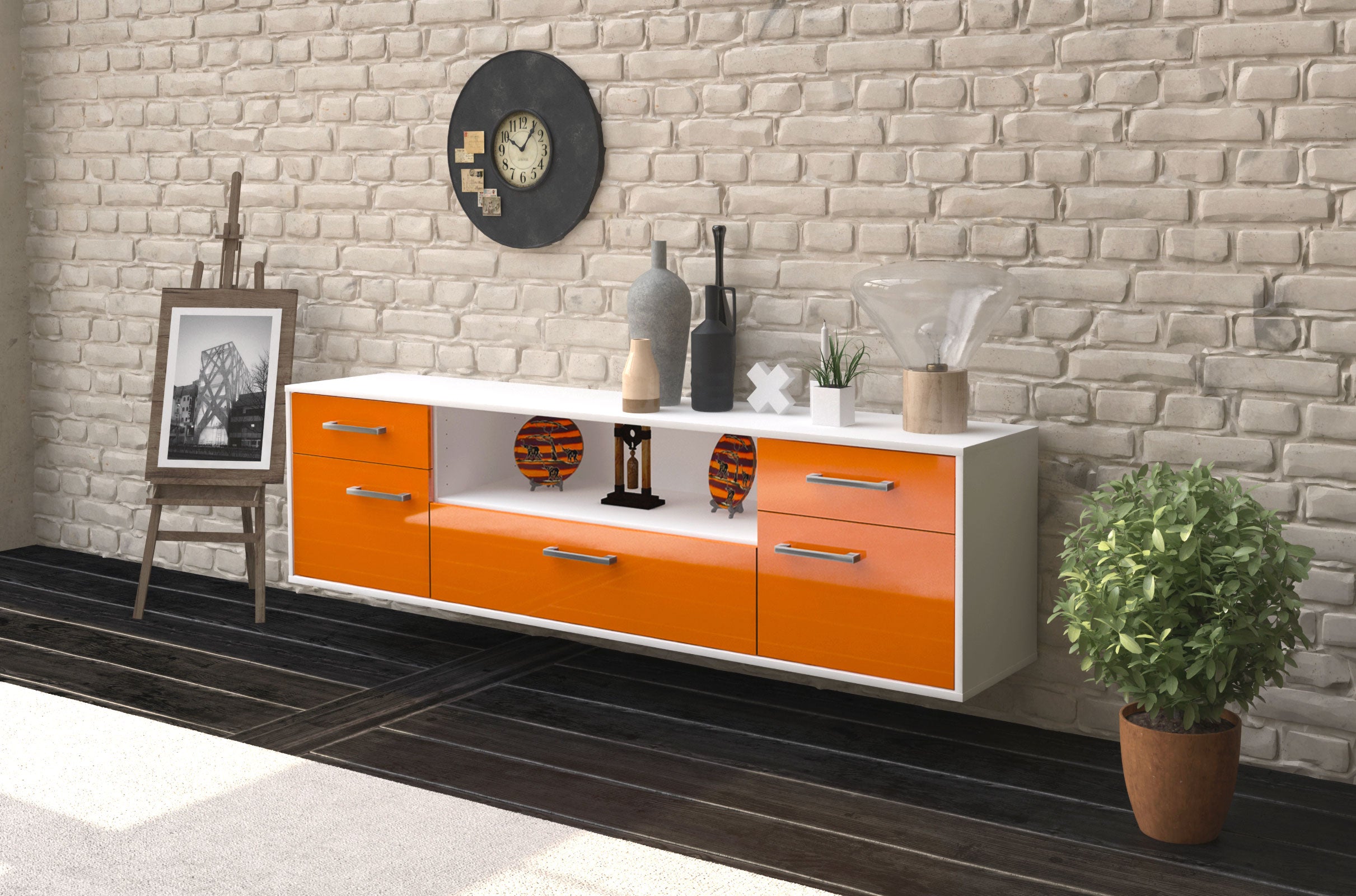 Lowboard - Biggi - Design Hochglanz - Wandmontage mit Griffe 180 cm Weiss