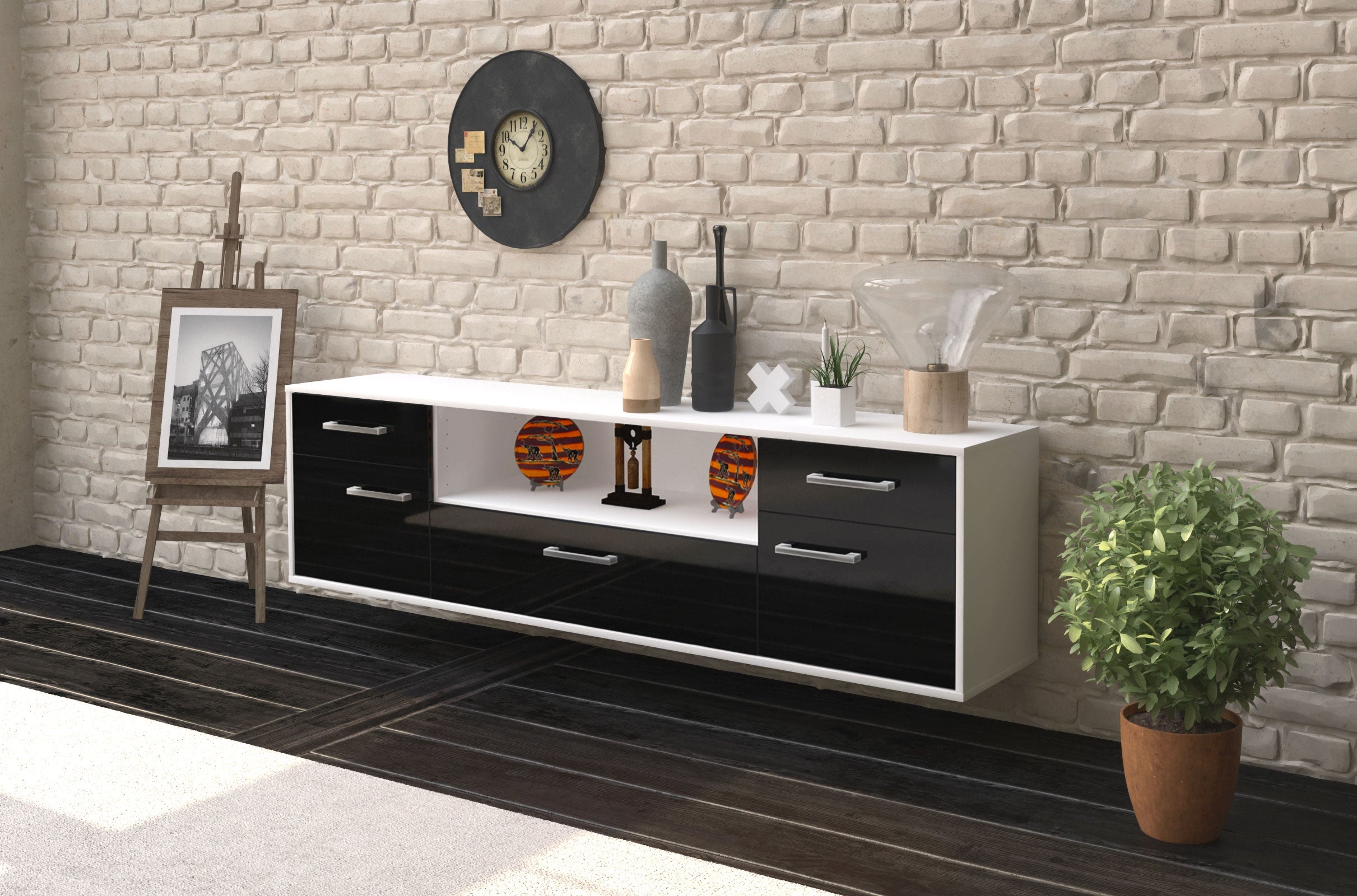 Lowboard - Biggi - Design Hochglanz - Wandmontage mit Griffe 180 cm Weiss