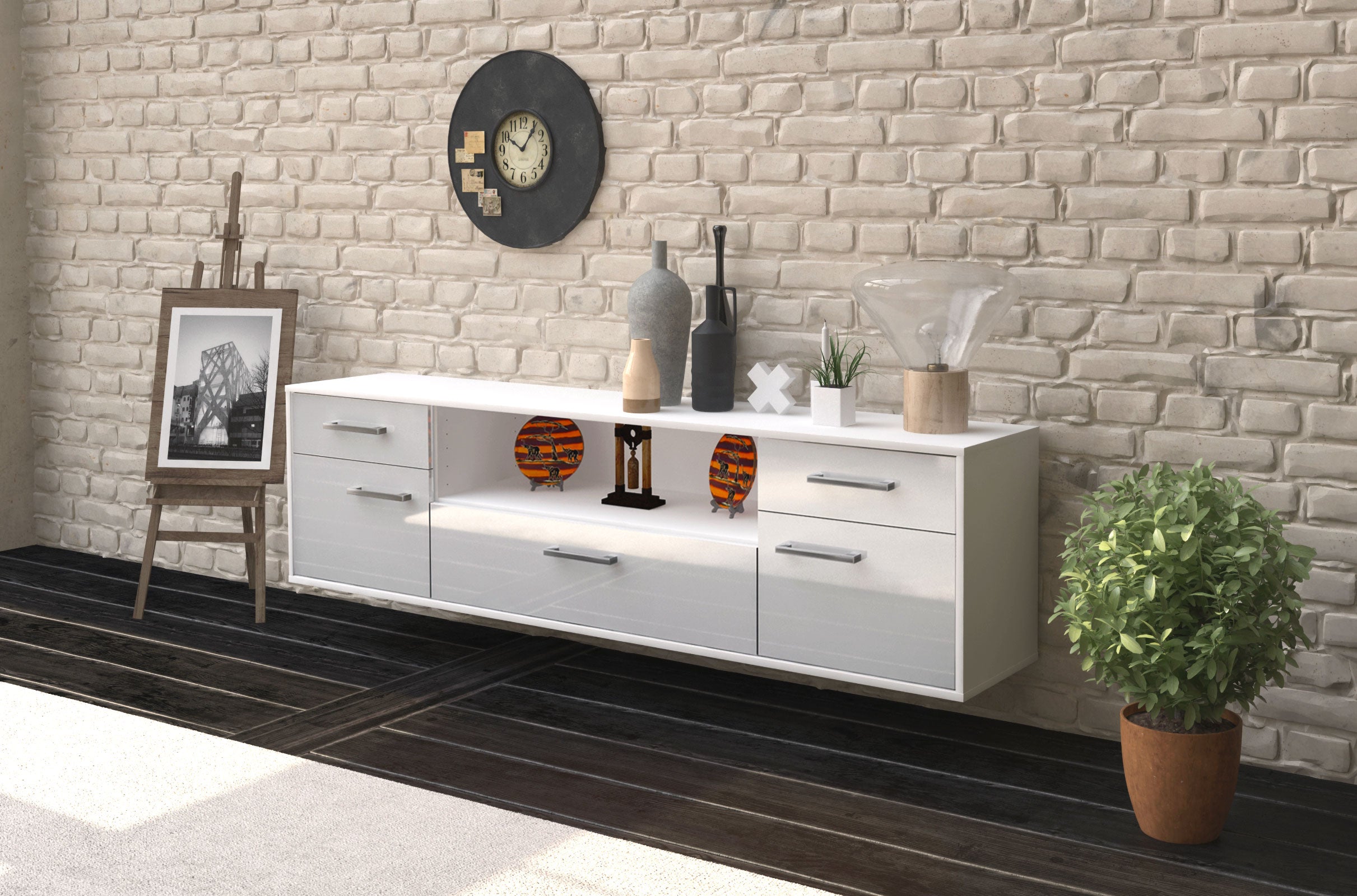 Lowboard - Biggi - Design Hochglanz - Wandmontage mit Griffe 180 cm Weiss