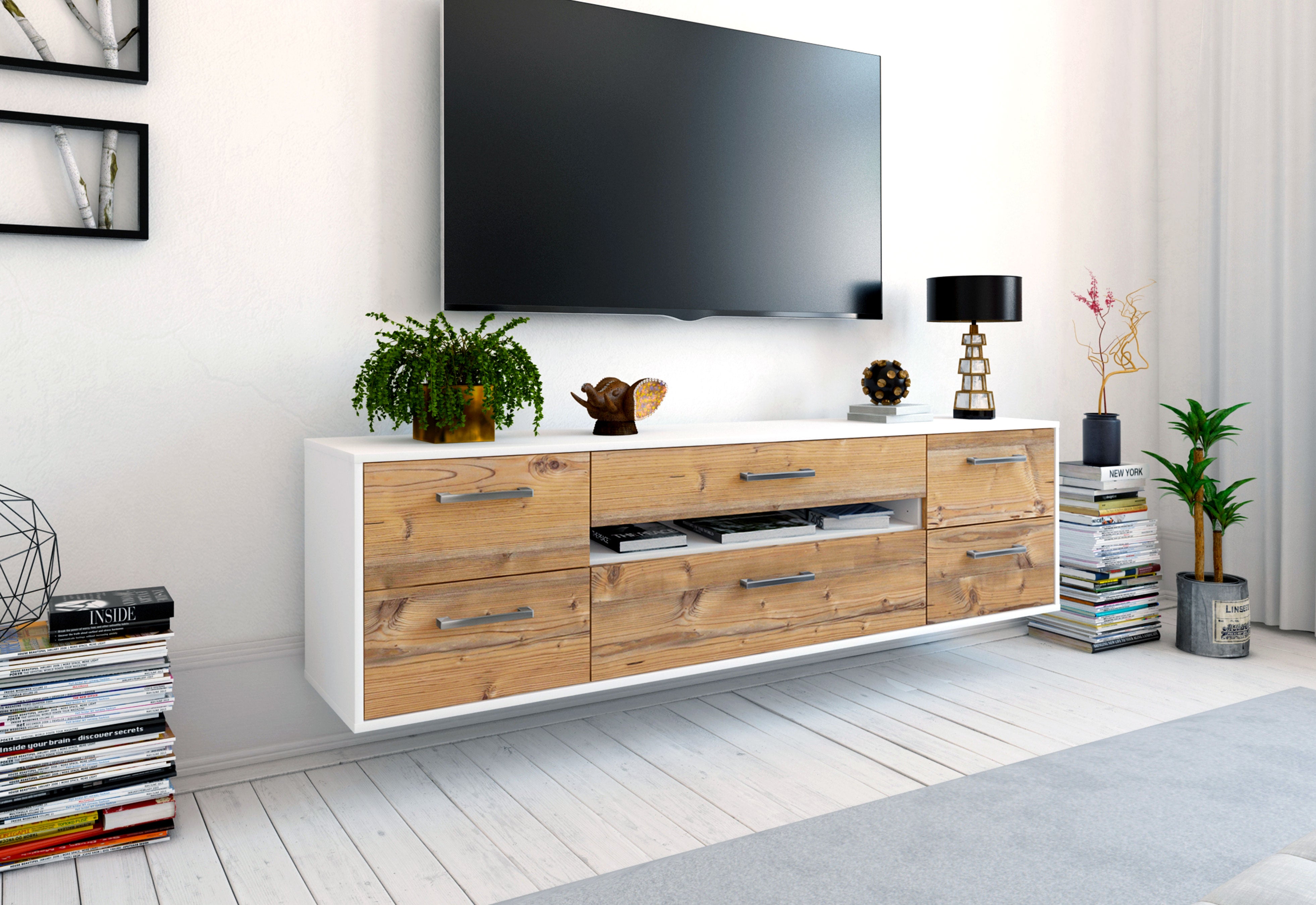 Lowboard - Bjonda - Design Holzdekor - Wandmontage mit Griffe 180 cm Weiss