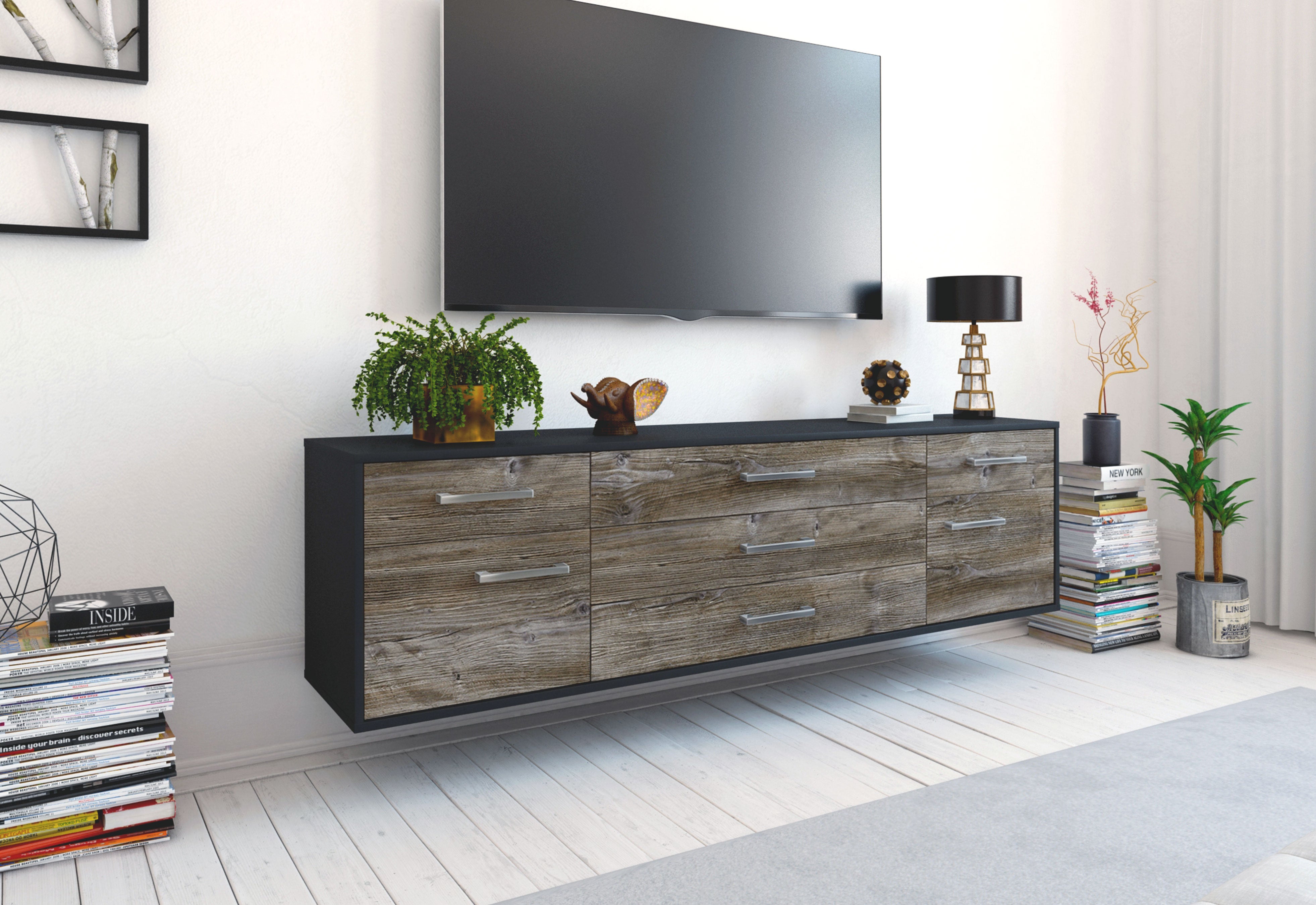 Lowboard - Benita - Design Holzdekor - Wandmontage mit Griffe 180 cm Anthrazit