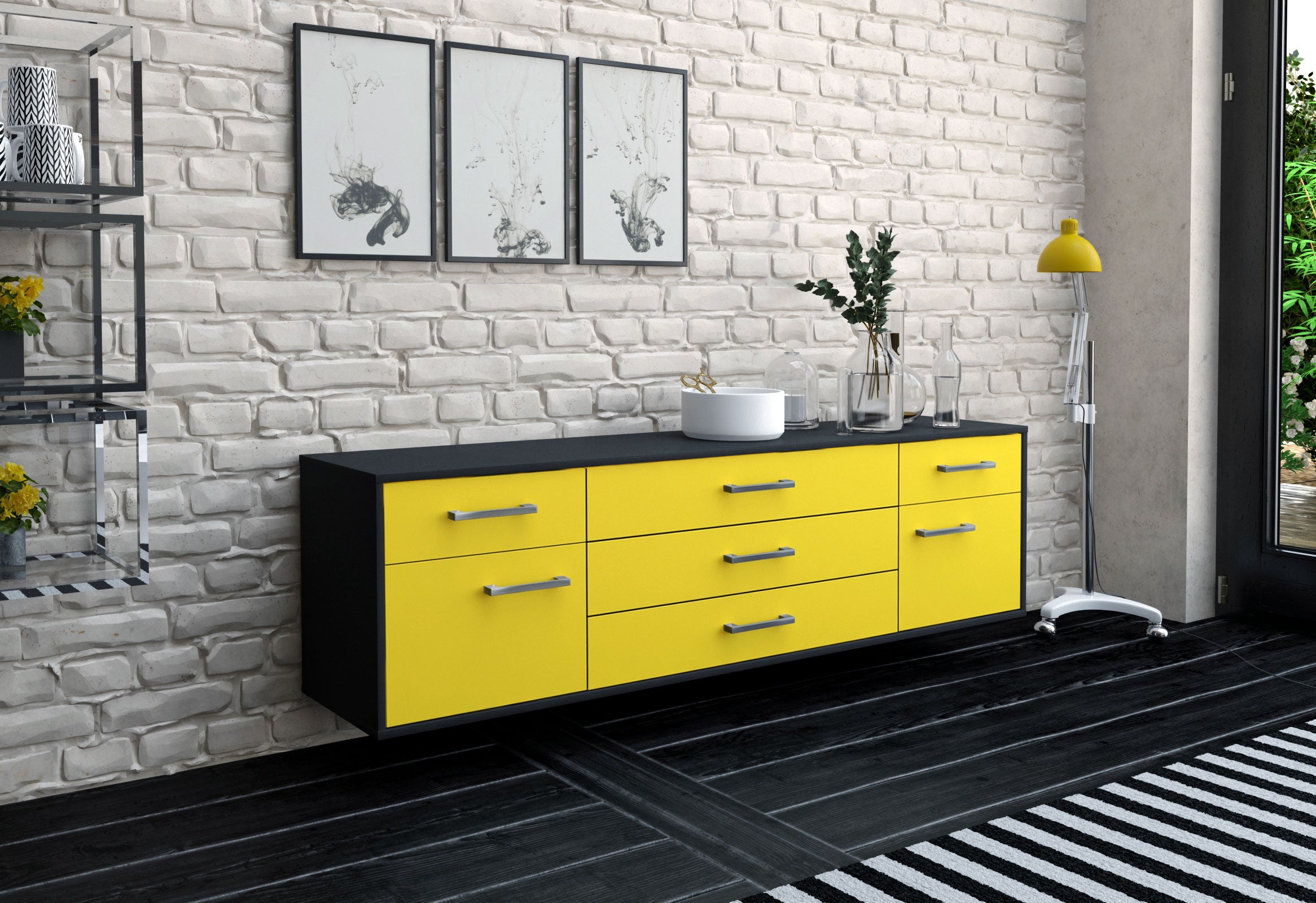 Lowboard - Benita - Design Farbakzent - Wandmontage mit Griffe 180 cm Anthrazit