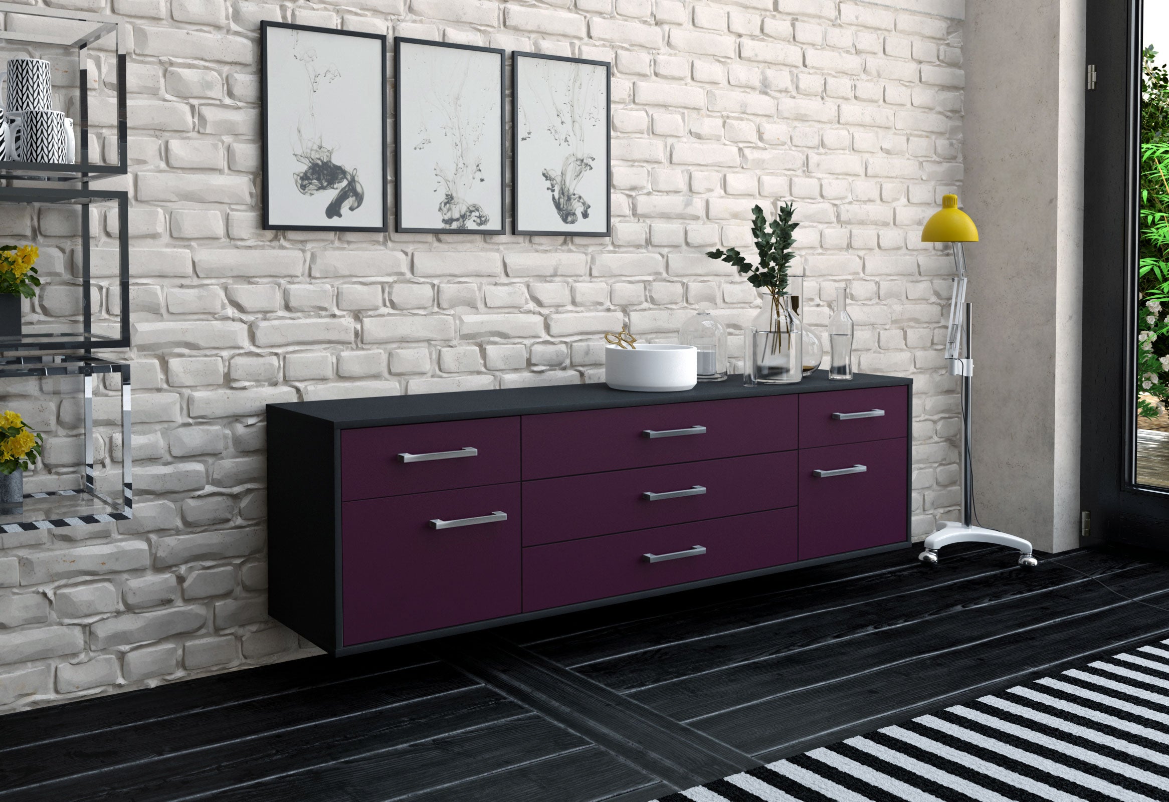 Lowboard - Benita - Design Farbakzent - Wandmontage mit Griffe 180 cm Anthrazit