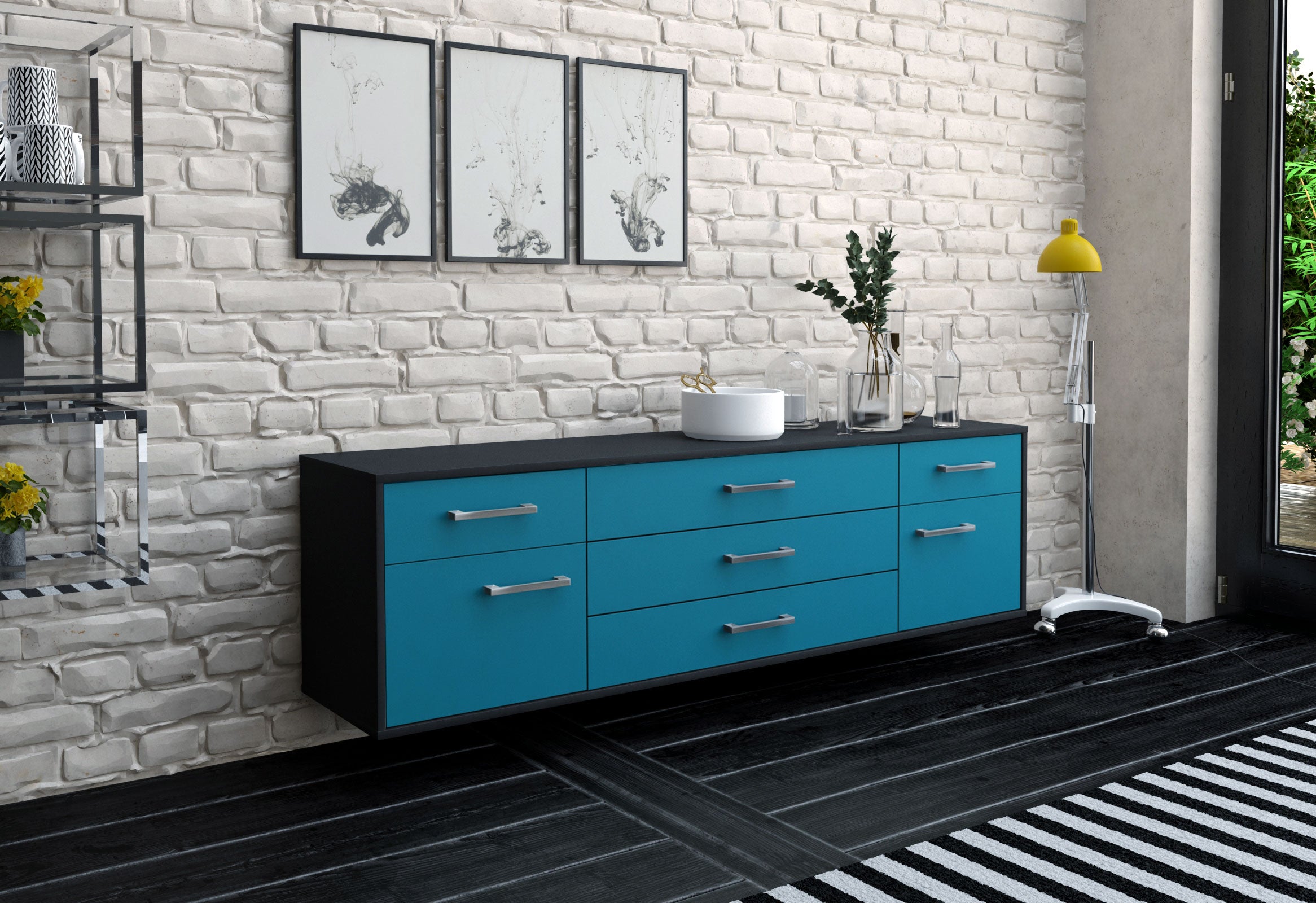Lowboard - Benita - Design Farbakzent - Wandmontage mit Griffe 180 cm Anthrazit