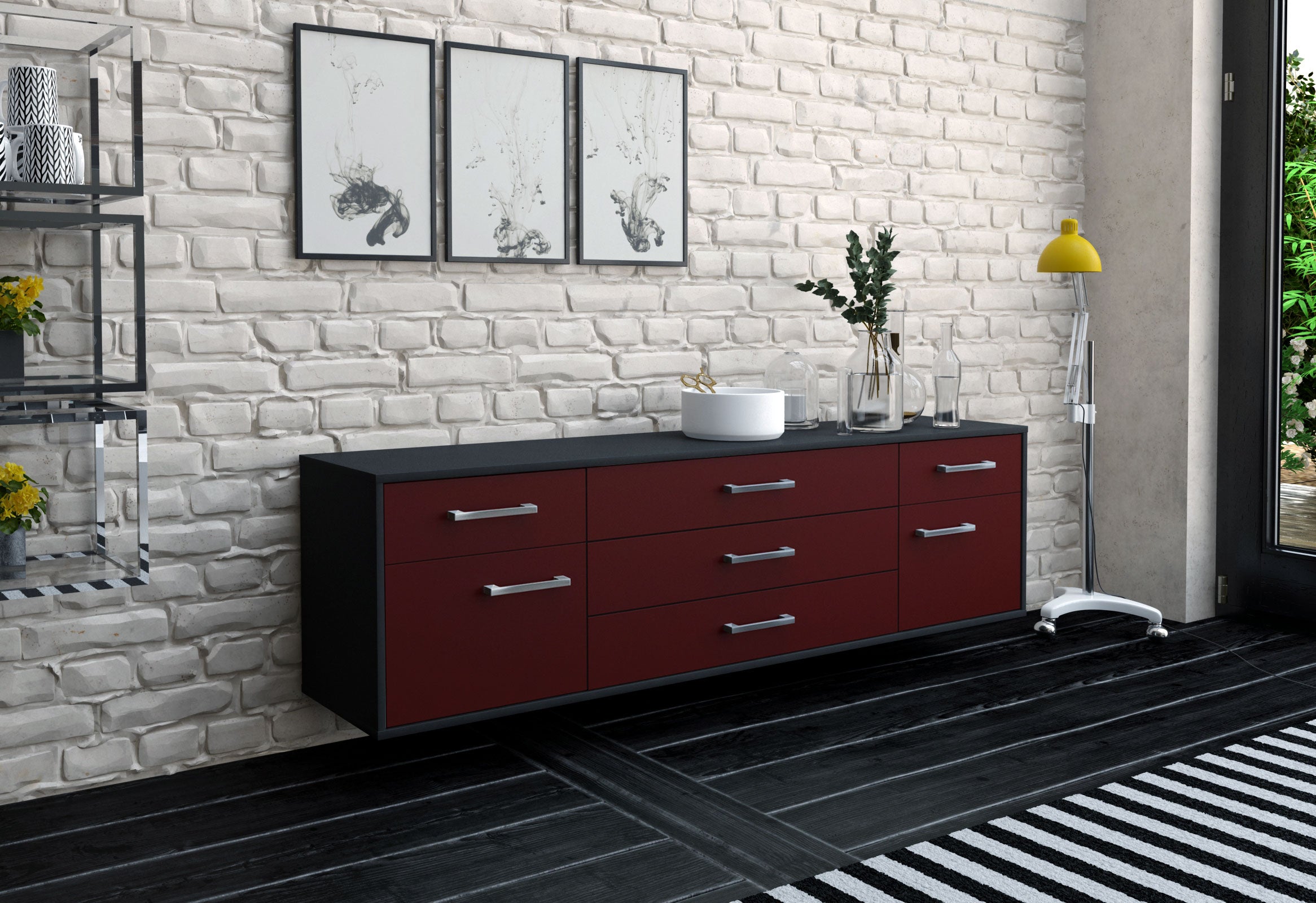 Lowboard - Benita - Design Farbakzent - Wandmontage mit Griffe 180 cm Anthrazit