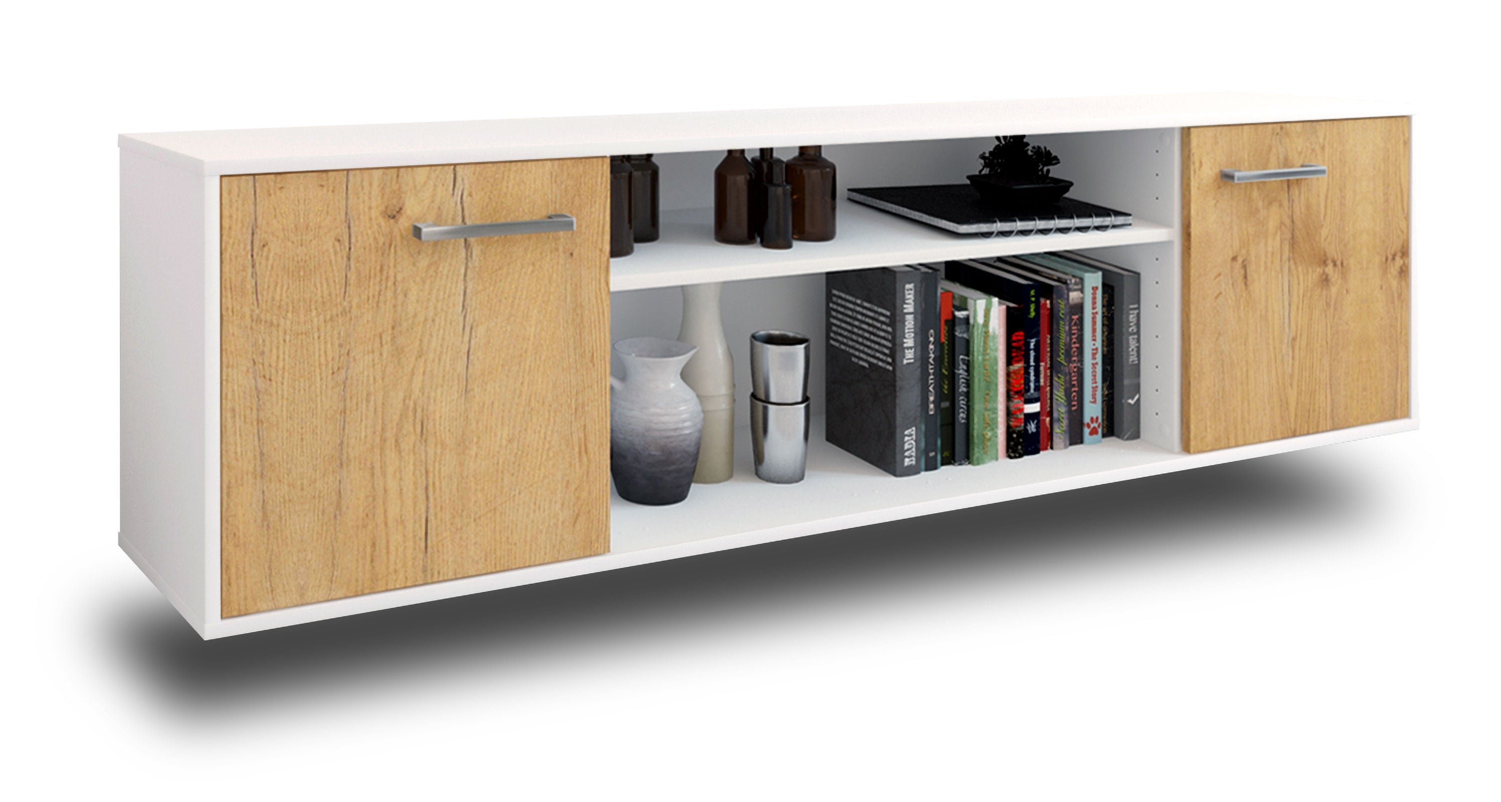 Lowboard - Asia - Design Holzdekor - Wandmontage mit Griffe 180 cm Weiss