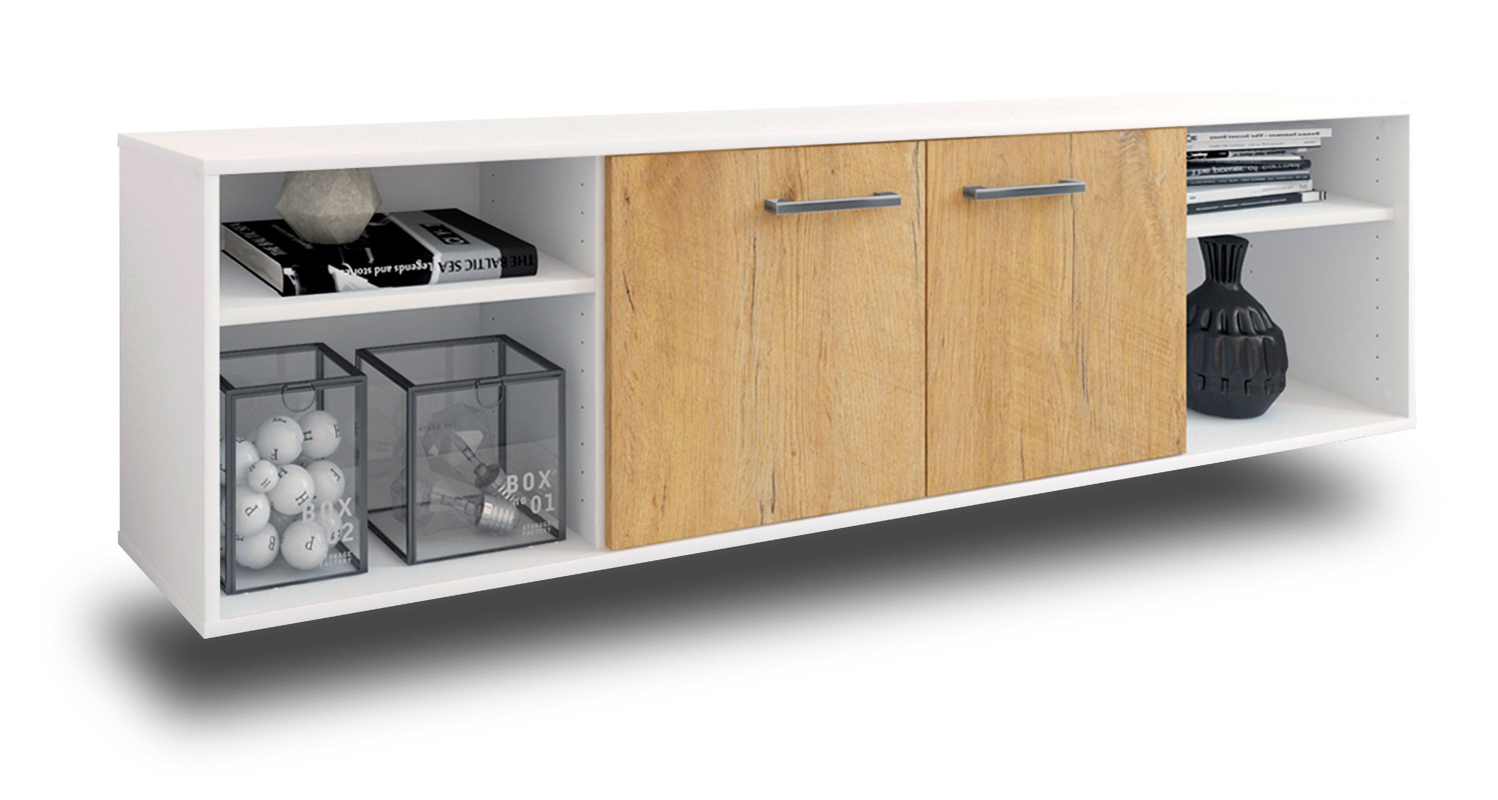 Lowboard - Asimo - Design Holzdekor - Wandmontage mit Griffe 180 cm Weiss