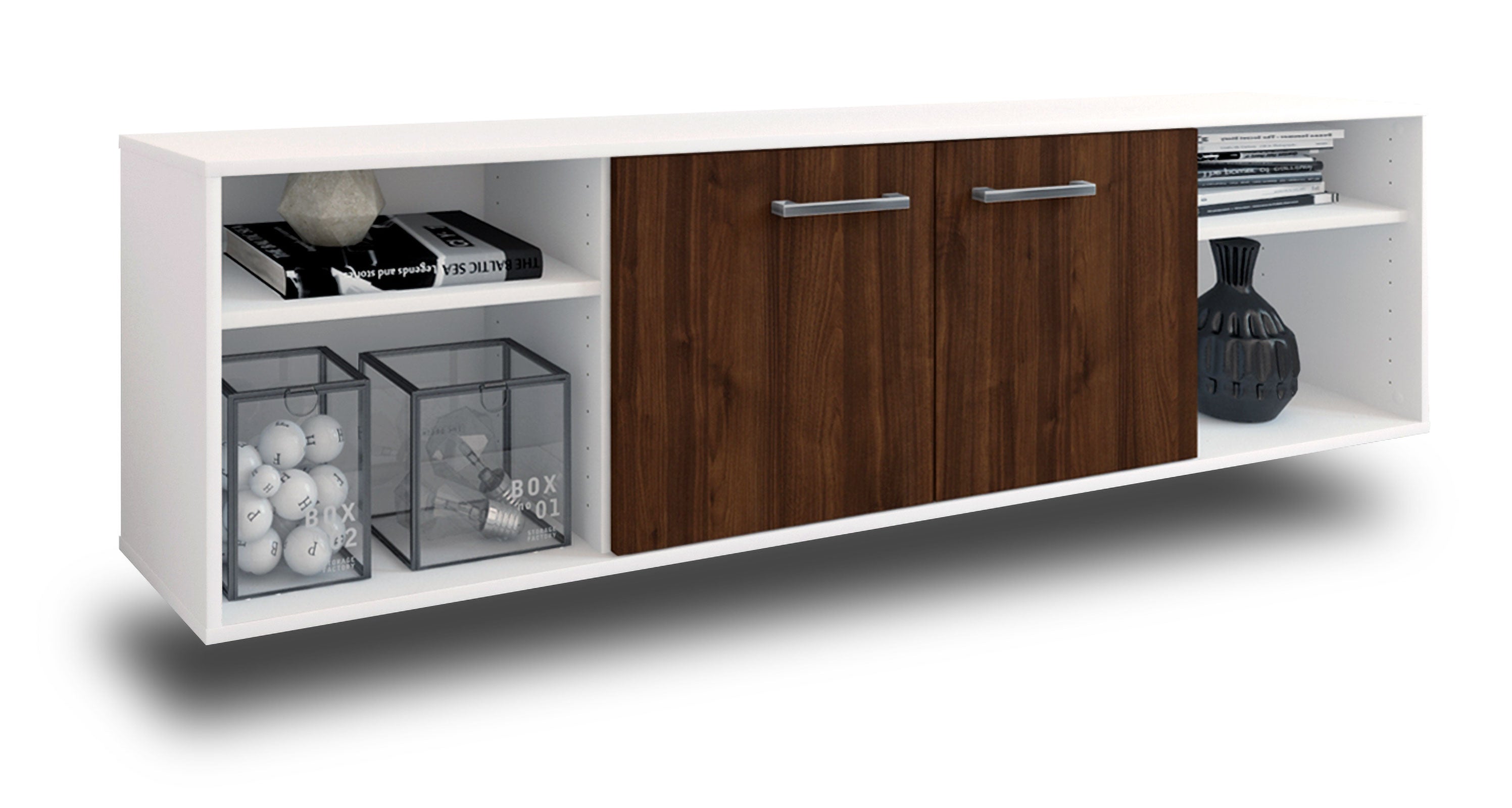Lowboard - Asimo - Design Holzdekor - Wandmontage mit Griffe 180 cm Weiss