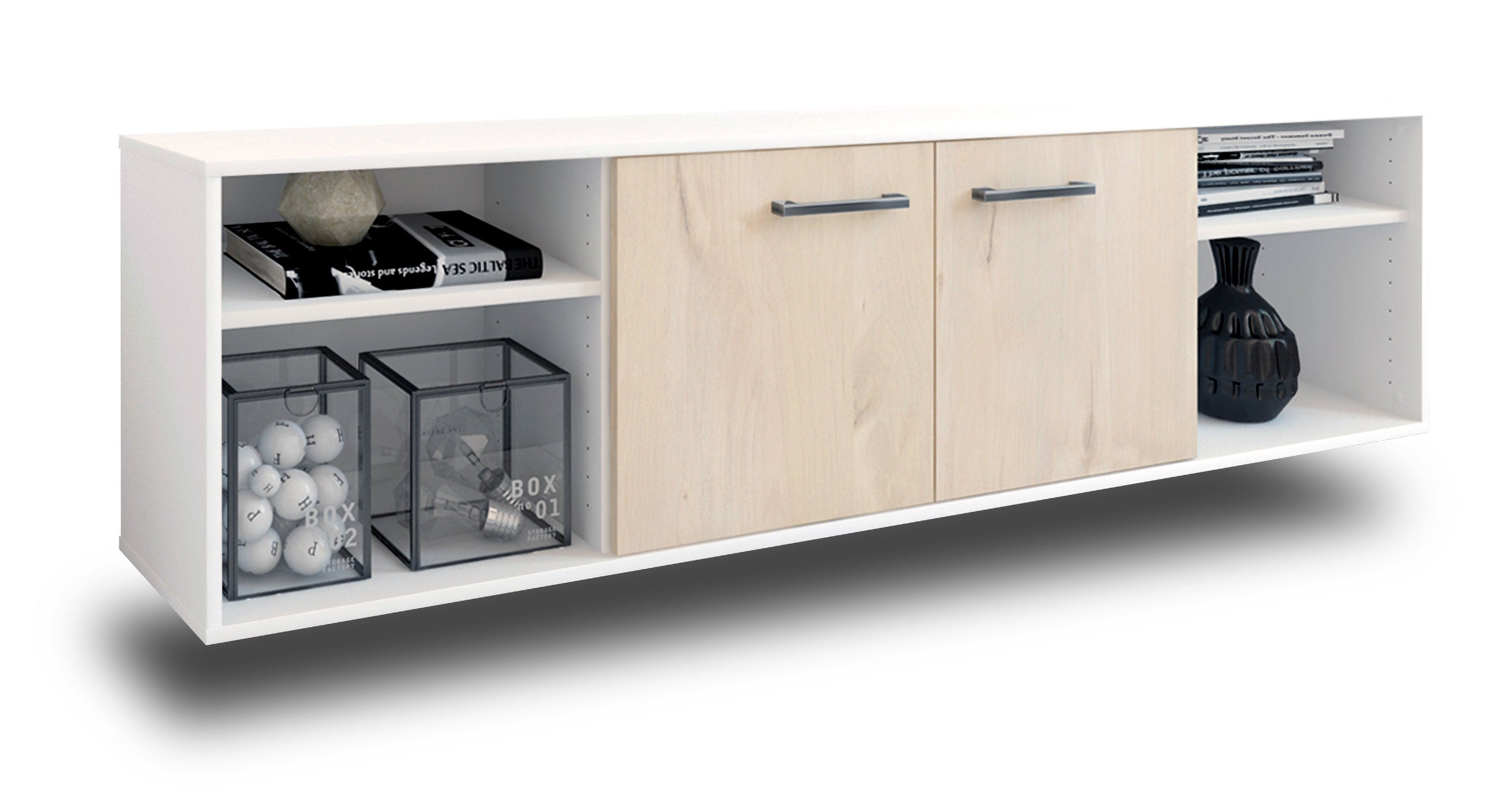 Lowboard - Asimo - Design Holzdekor - Wandmontage mit Griffe 180 cm Weiss