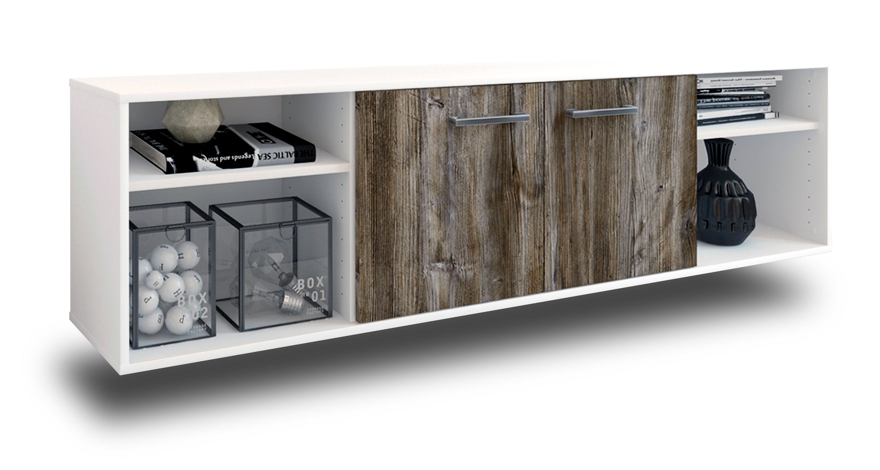 Lowboard - Asimo - Design Holzdekor - Wandmontage mit Griffe 180 cm Weiss