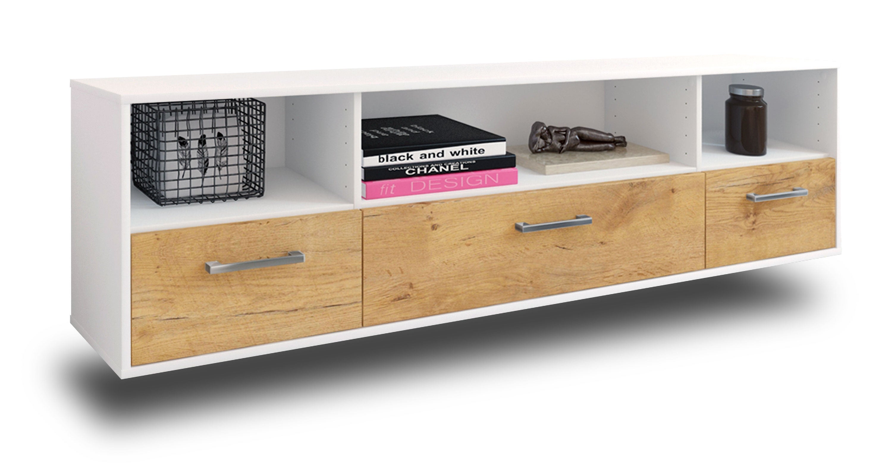 Lowboard - Aurelia - Design Holzdekor - Wandmontage mit Griffe 180 cm Weiss