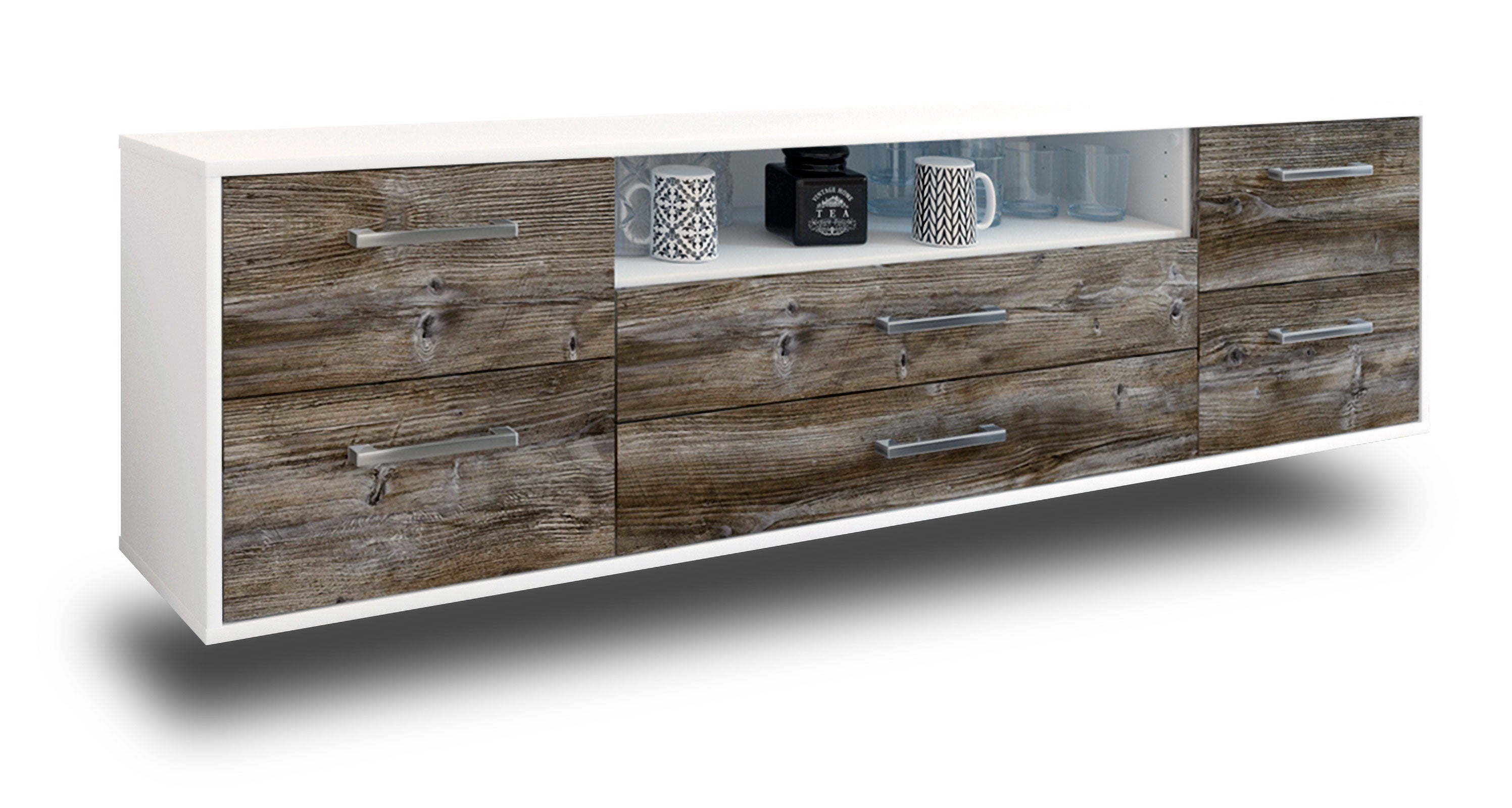 Lowboard - Aurora - Design Holzdekor - Wandmontage mit Griffe 180 cm Weiss