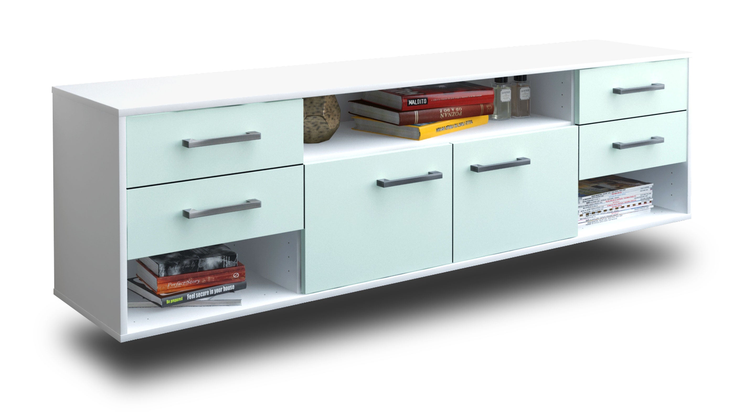 Lowboard - Barbara - Design Farbakzent - Wandmontage mit Griffe 180 cm Weiss