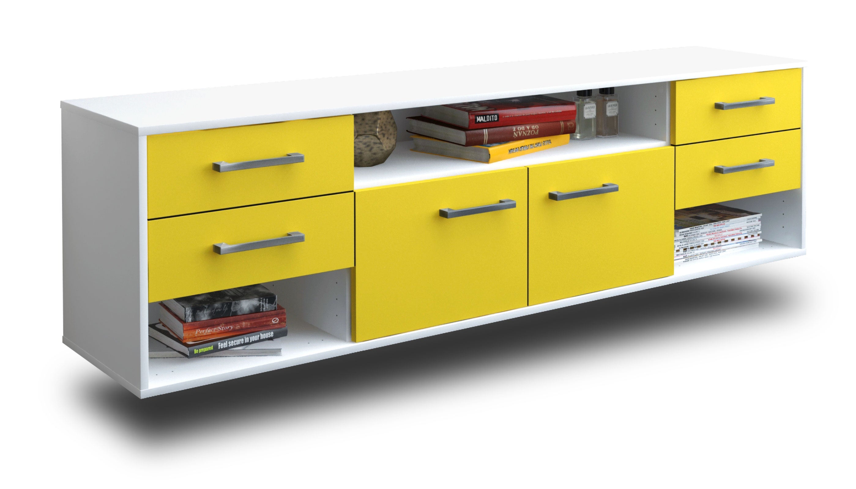 Lowboard - Barbara - Design Farbakzent - Wandmontage mit Griffe 180 cm Weiss