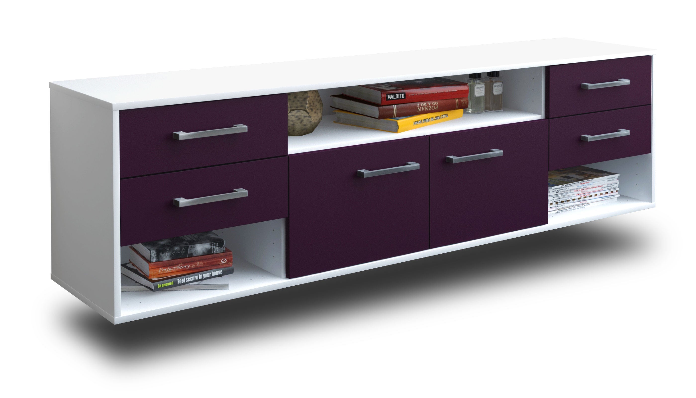 Lowboard - Barbara - Design Farbakzent - Wandmontage mit Griffe 180 cm Weiss