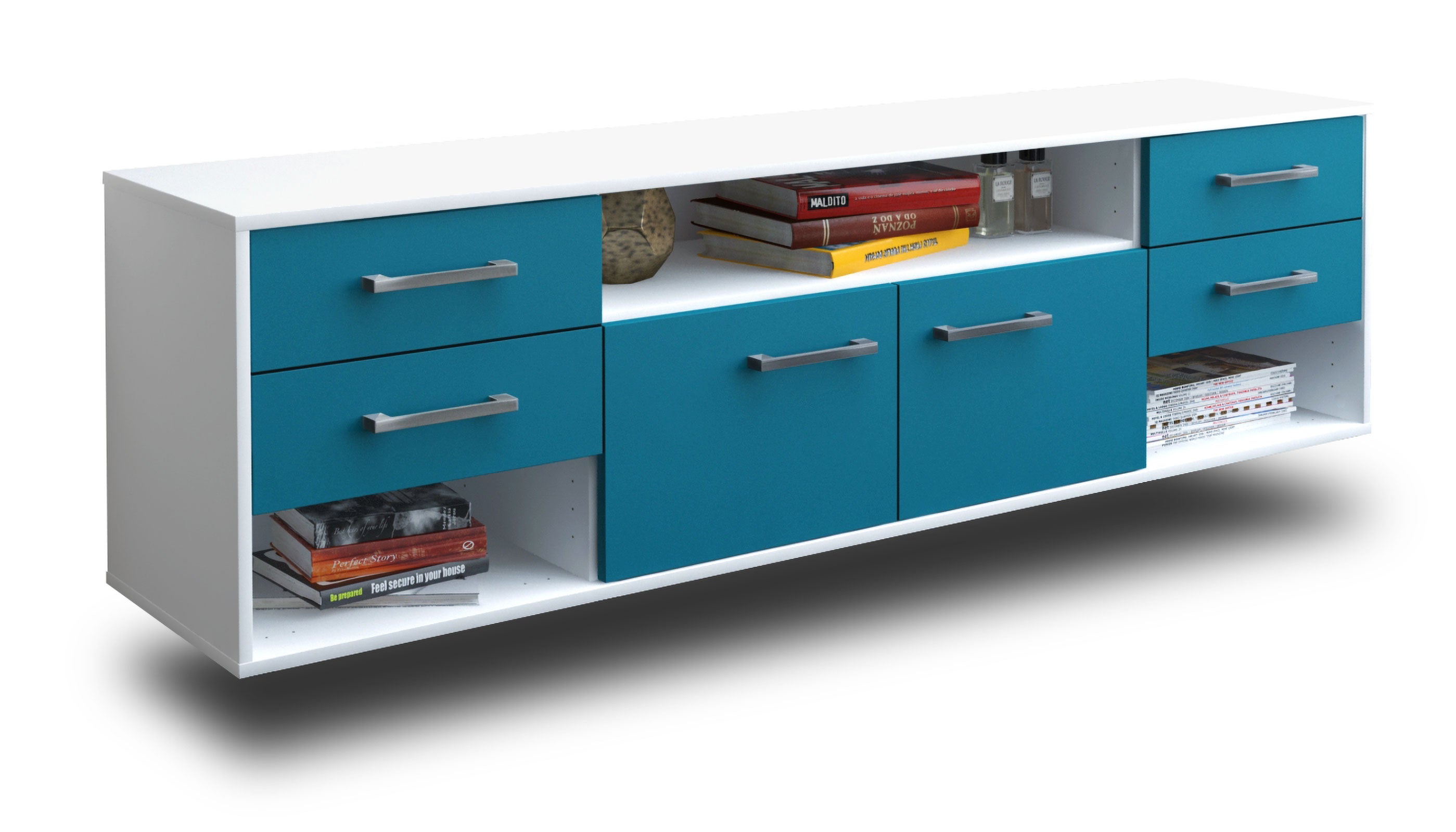 Lowboard - Barbara - Design Farbakzent - Wandmontage mit Griffe 180 cm Weiss
