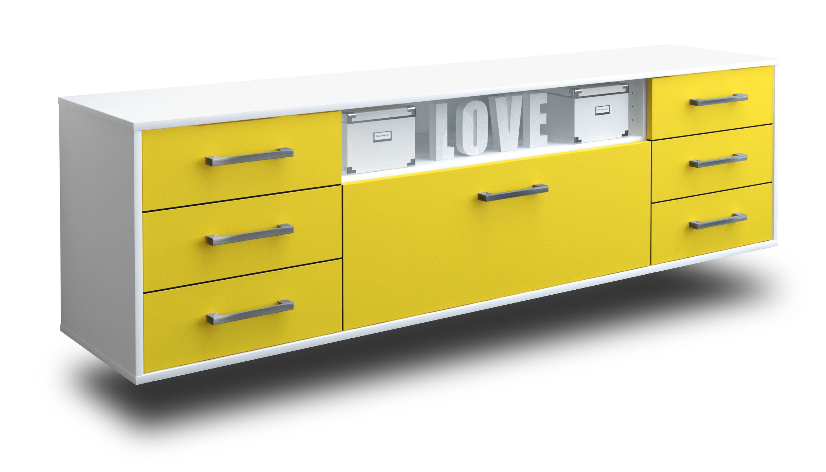 Lowboard - Beatrice - Design Farbakzent - Wandmontage mit Griffe 180 cm Weiss