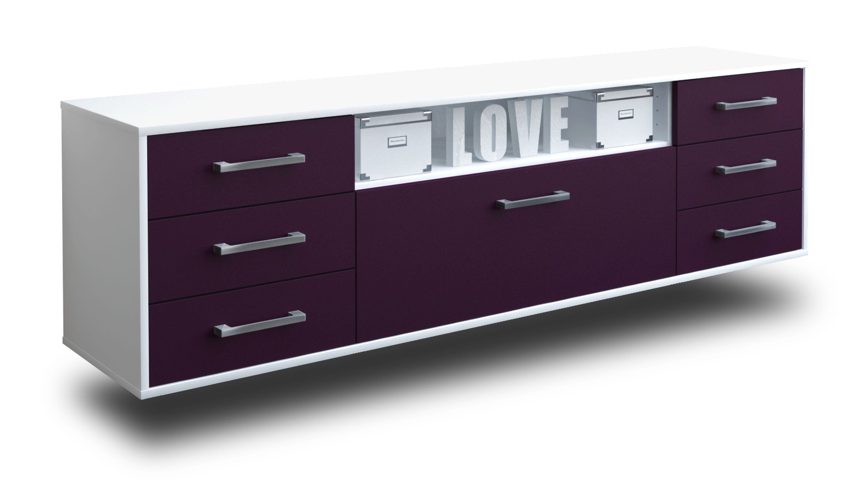 Lowboard - Beatrice - Design Farbakzent - Wandmontage mit Griffe 180 cm Weiss