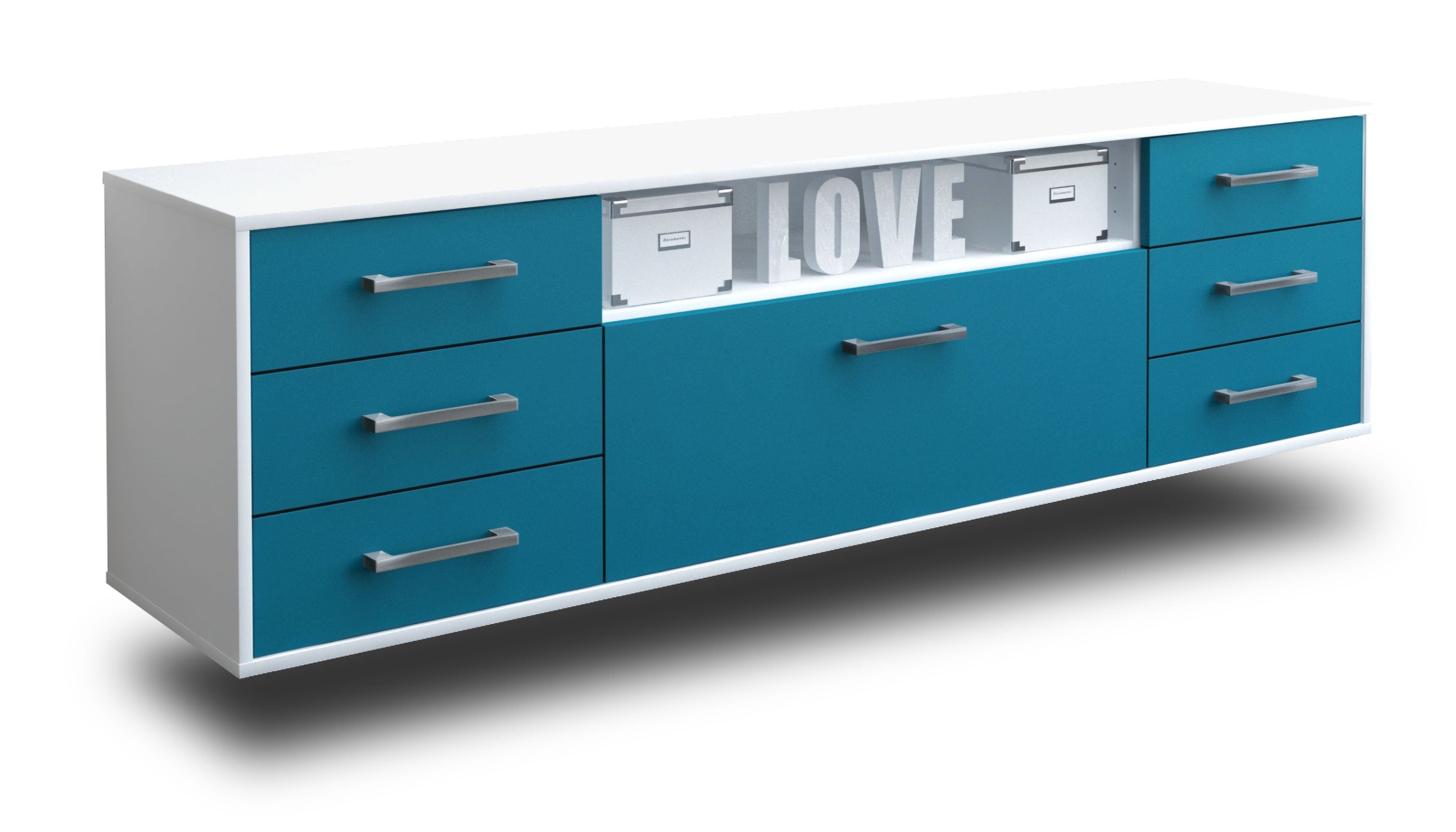 Lowboard - Beatrice - Design Farbakzent - Wandmontage mit Griffe 180 cm Weiss